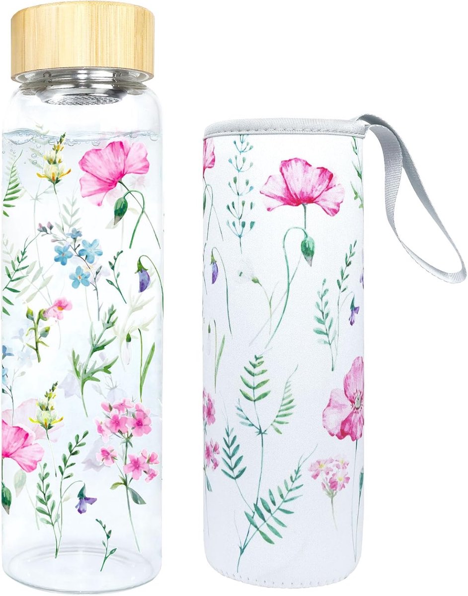 Glazen waterfles 1000 ml - roze-paars - met roestvrijstalen zeef - ideaal voor koolzuurhoudende dranken - ShopVlot
