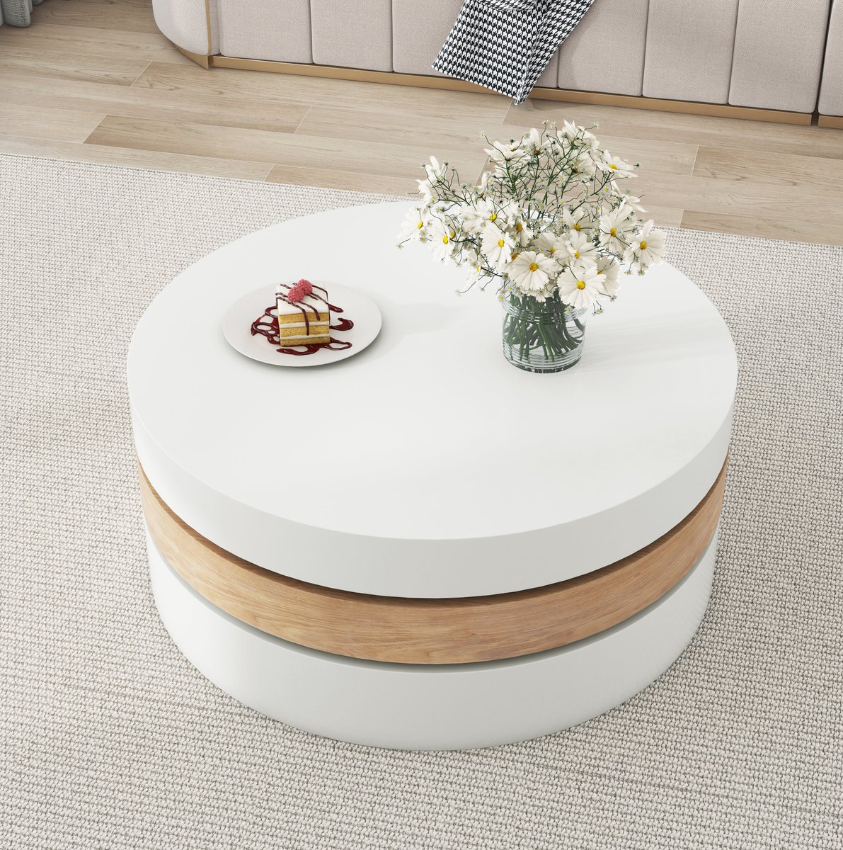 OKWISH Salontafel – Rond Draaibaar Ontwerp – 360 Graden Uitschuifbaar Tot 88 Cm – Verborgen Opbergruimte – MDF Wit Naturel – 60×60×35,1 Cm