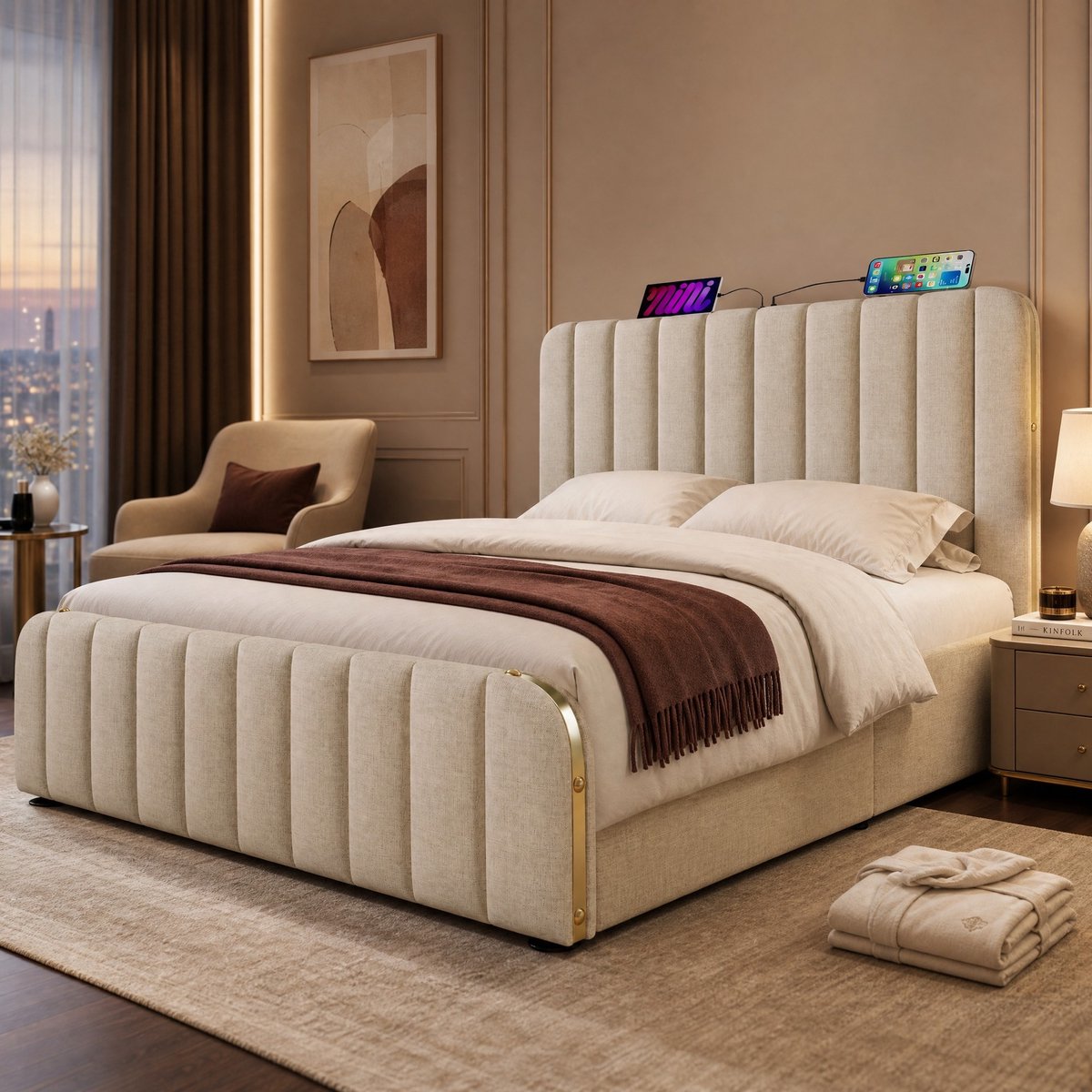 REDOM - Bedframe - Gepolsterd hoofdbord met gouden strepen en USB-C laadfunctie - Hydraulische opbergruimte - Stof - Tweepersoonsbed - 160 x 200 cm - Beige
