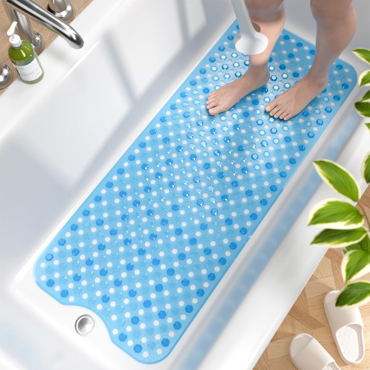 Badmat antislip 101 x 40 cm - blauw - schimmelbestendig - veilig voor senioren en kinderen - SnelShoppen