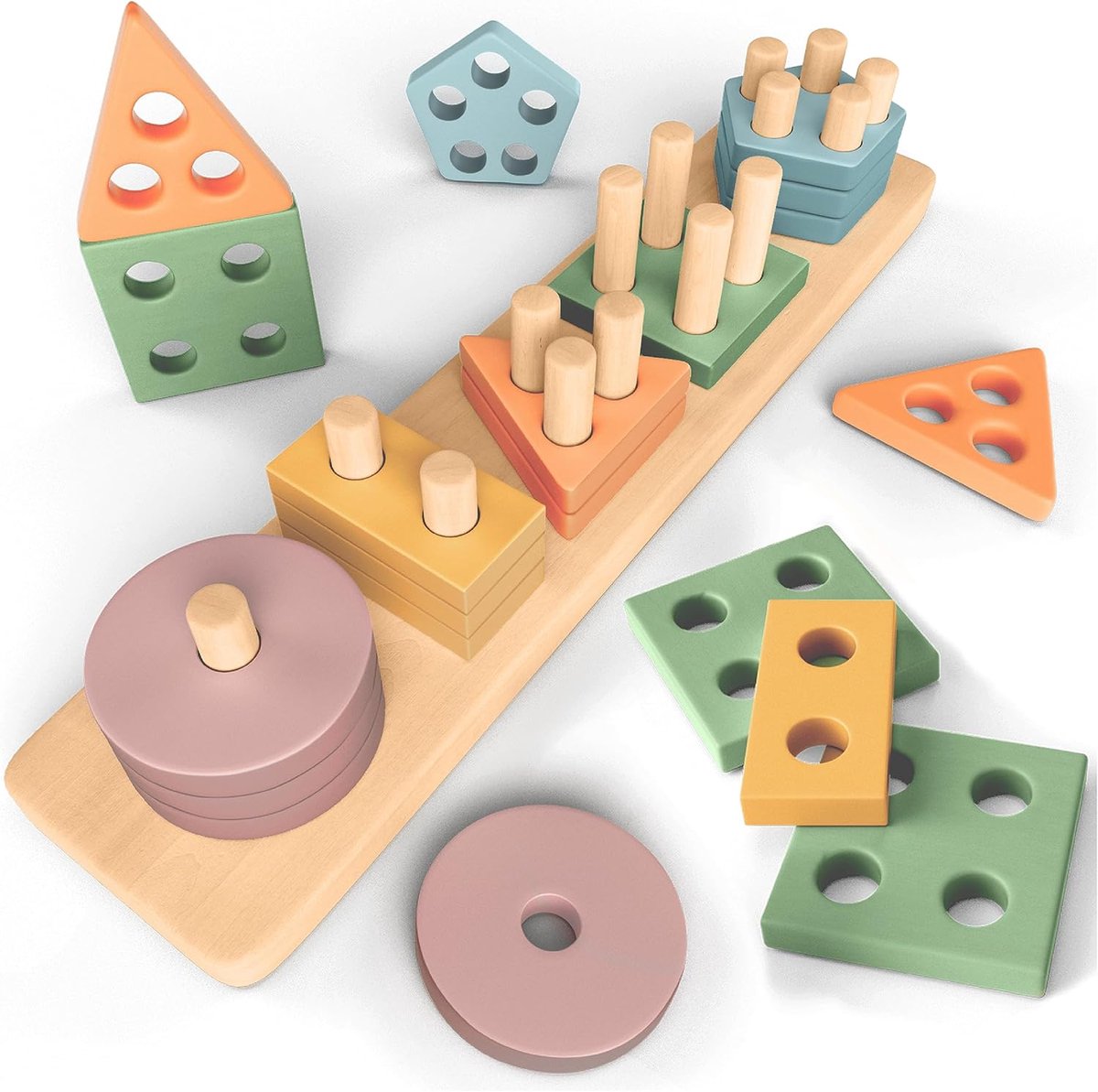 Montessori stapel- en sorteerspeelgoed - houten activiteitenspeelgoed - pastelkleuren - SnelShoppen