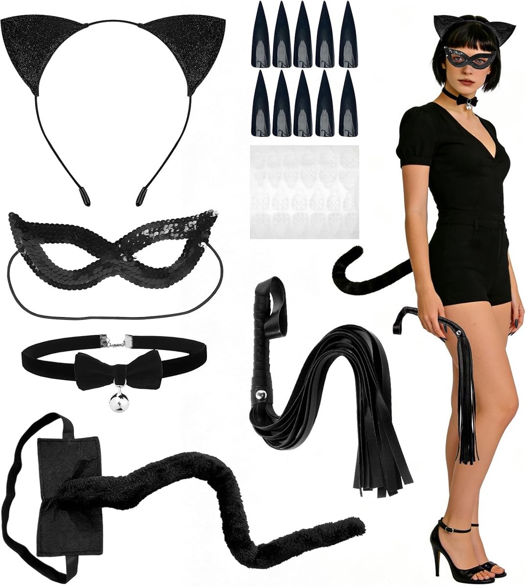 Kat kostuum set voor vrouwen - 6 delen - met masker, oorbedel, kraag, staart en zweep - SnelShoppen