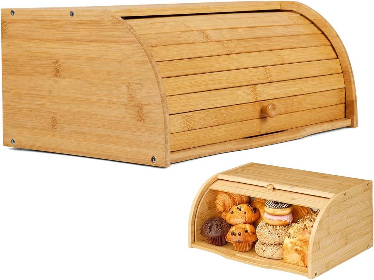 Broodtrommel bamboe 40 x 27 x 18 cm - oprolbare voorklep - duurzaam materiaal - ideaal voor bakwaren - SnelShoppen