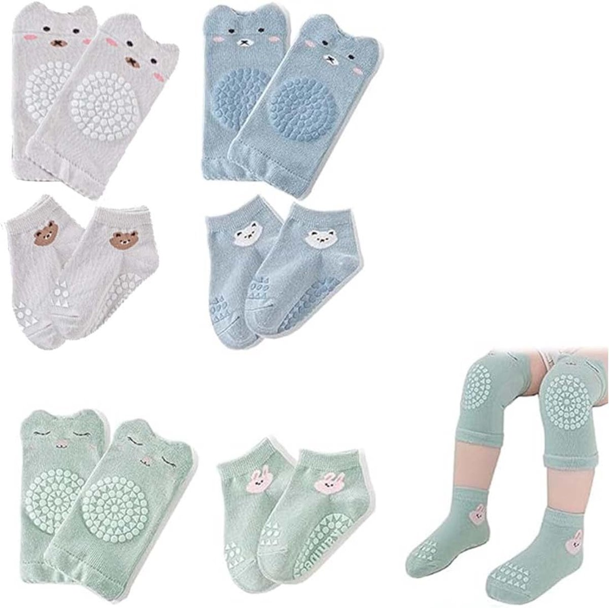 Kruipkniebeschermers 0-12 maanden - 3 paar met sokken - antislip met rubberen tips - bescherming tijdens het kruipen - SnelShoppen