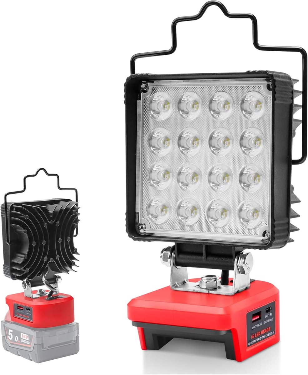 Acculamp 48W 5800 lm - Compatible met Milwaukee 18V - Met USB & type C - Ideaal voor camping en noodverlichting - ShopVlot
