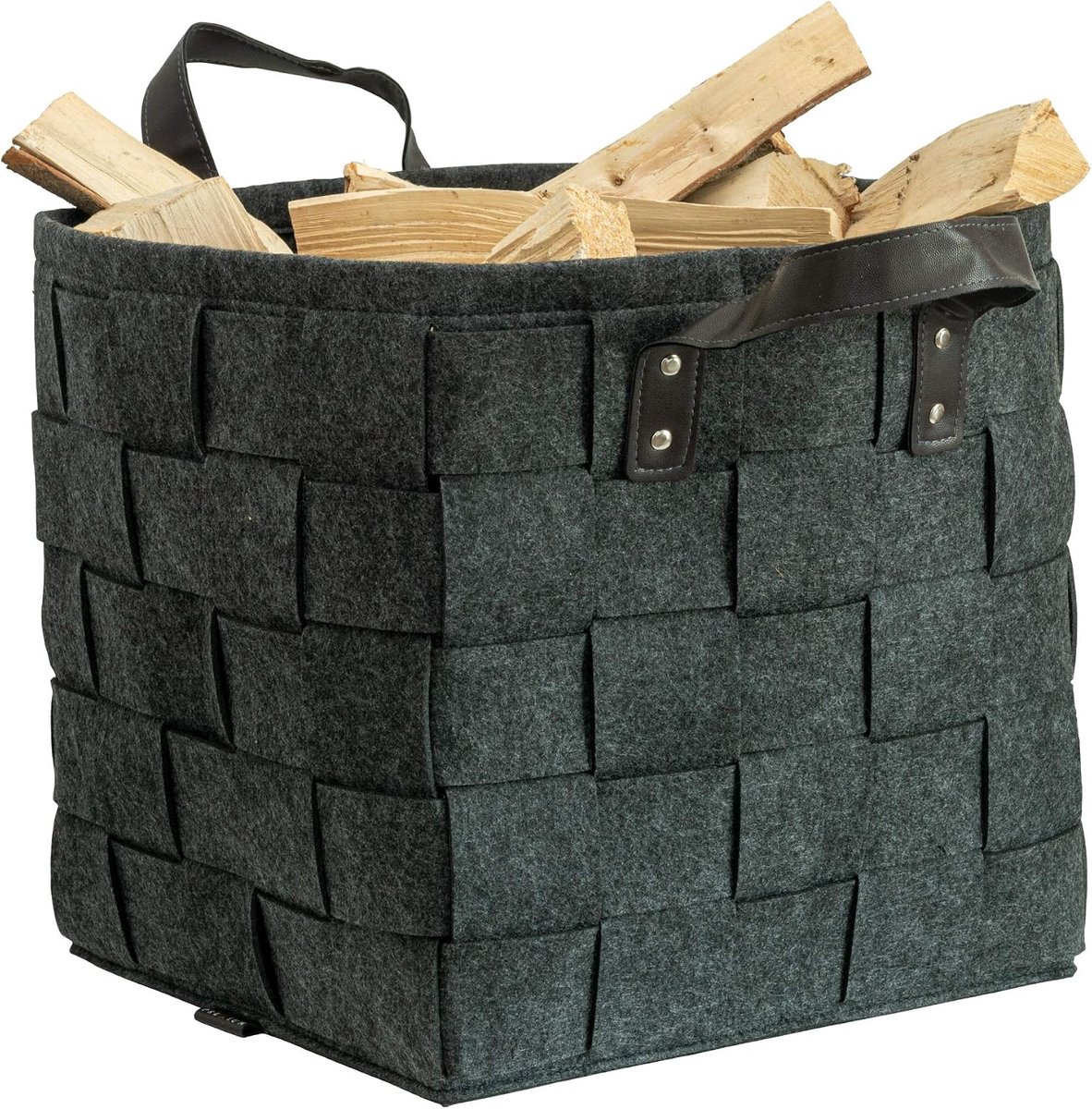 SnelShoppen - Rubberen Gevoerde Mand met Synthetische Leren Handvatten voor Hout, Kranten, Haardhout, 33 x 33 x 35 cm, Donkergrijs