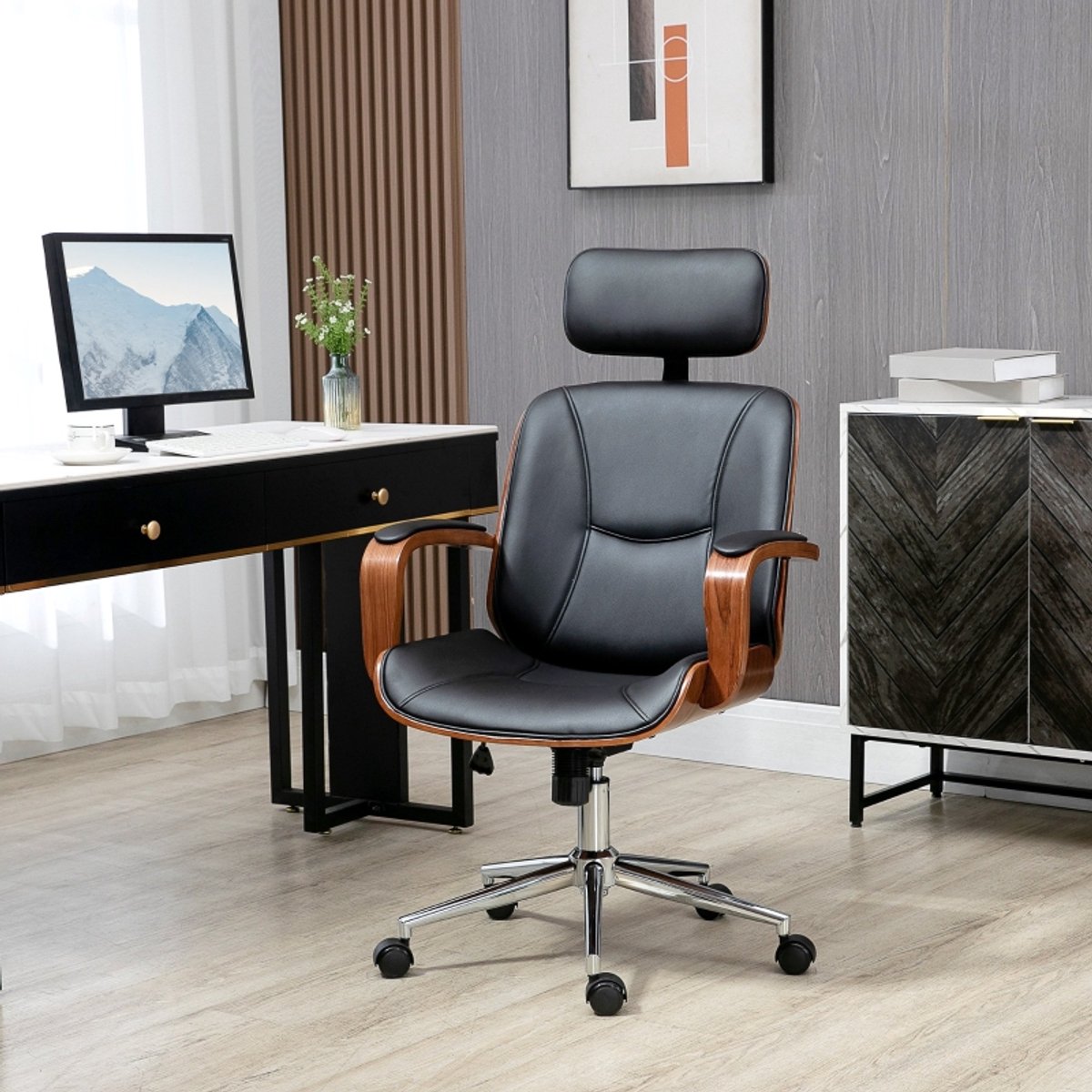 MODFU Bureaustoel - Ergonomisch - Hoge Rugleuning - Hoofdsteun - Kunstleer - Zwart