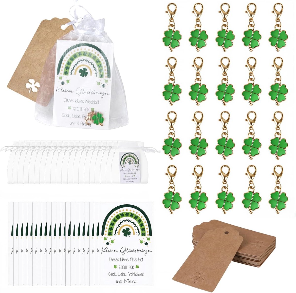Lucky charm sleutelhangers 20 stuks - Klavertje vier met kaart - Organza zak en labels - Perfect cadeau voor vrienden - ShopVlot