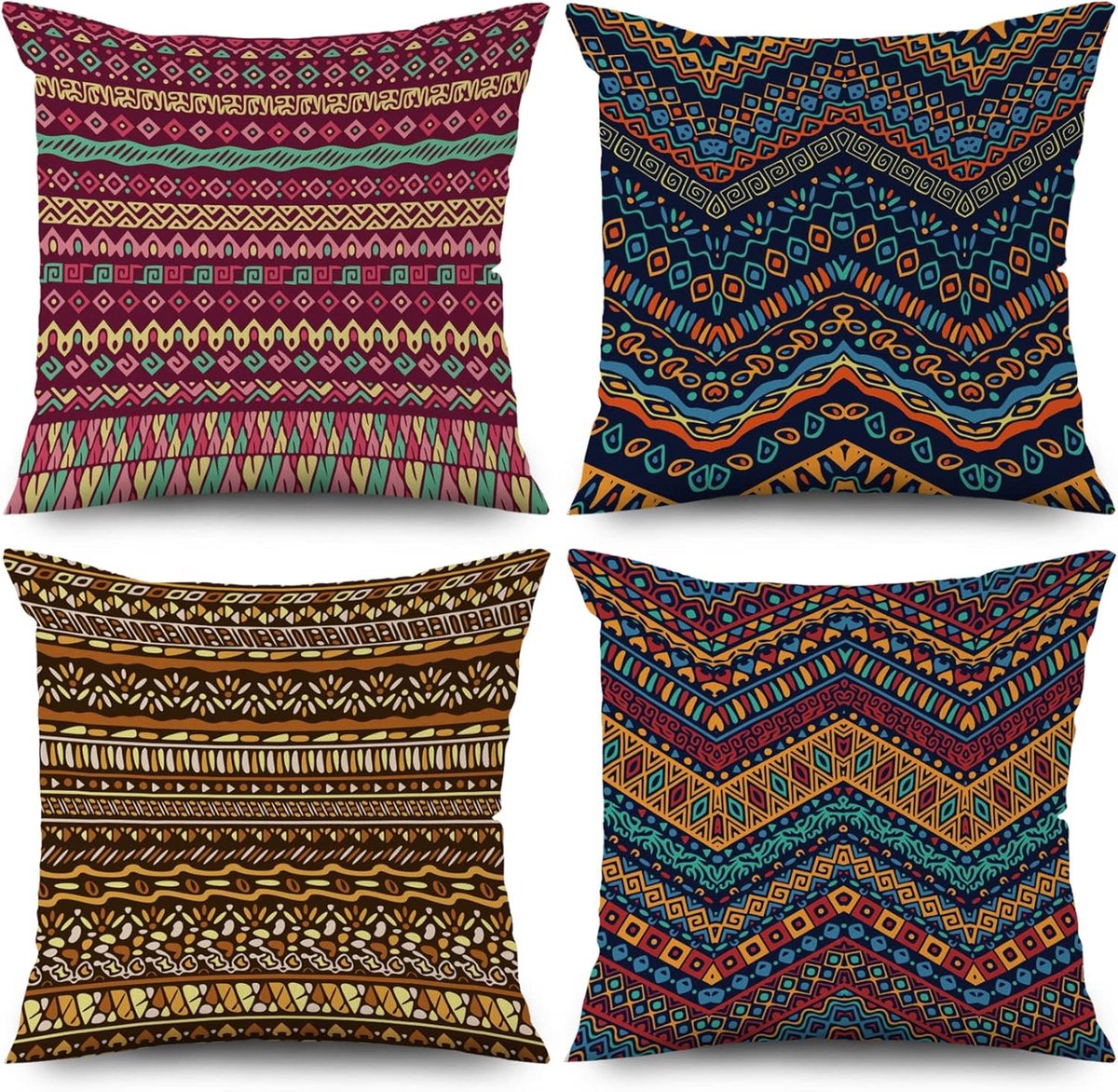 Decoratieve kussenslopen set van 4 - Boho 40 x 40 cm - Retro geometrische strepen - Geschikt voor binnen en buiten - ShopVlot