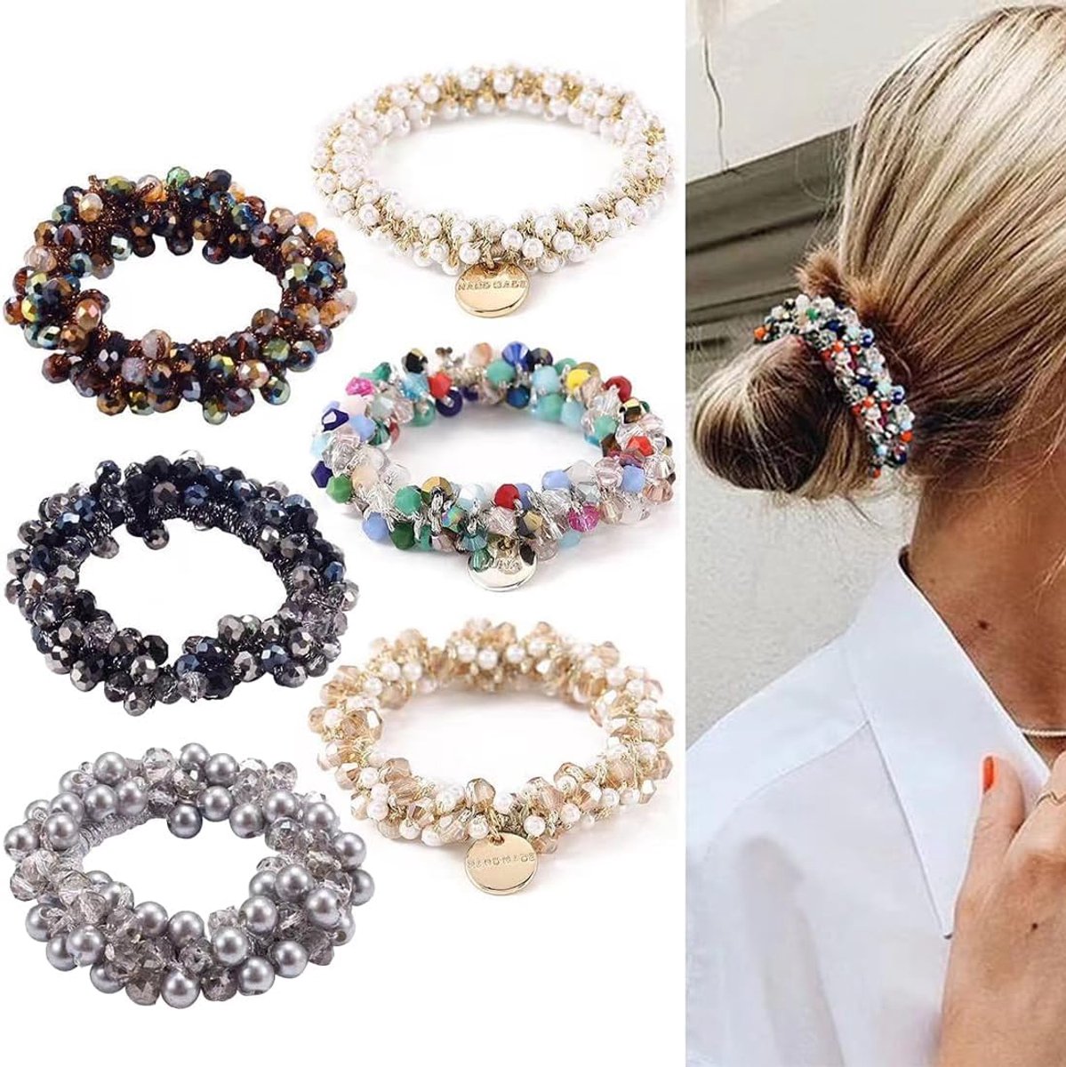 Set van 6 scrunchies - met parels - elastisch - stijlvol haaraccessoire voor elke gelegenheid - ShopVlot