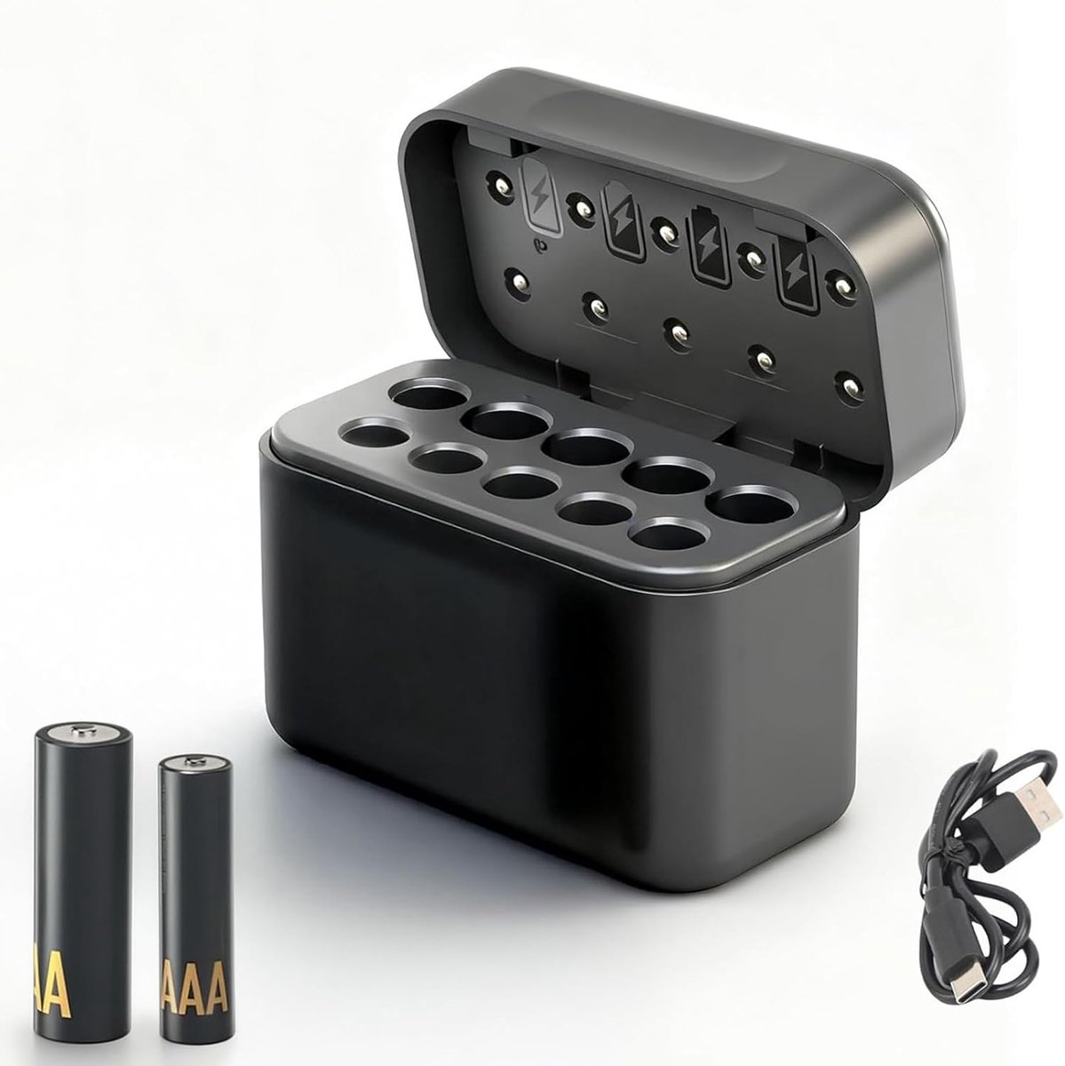 Batterijlader 10-voudig - Compact zwart - Type-C aansluiting - Gelijktijdig opladen - ShopVlot