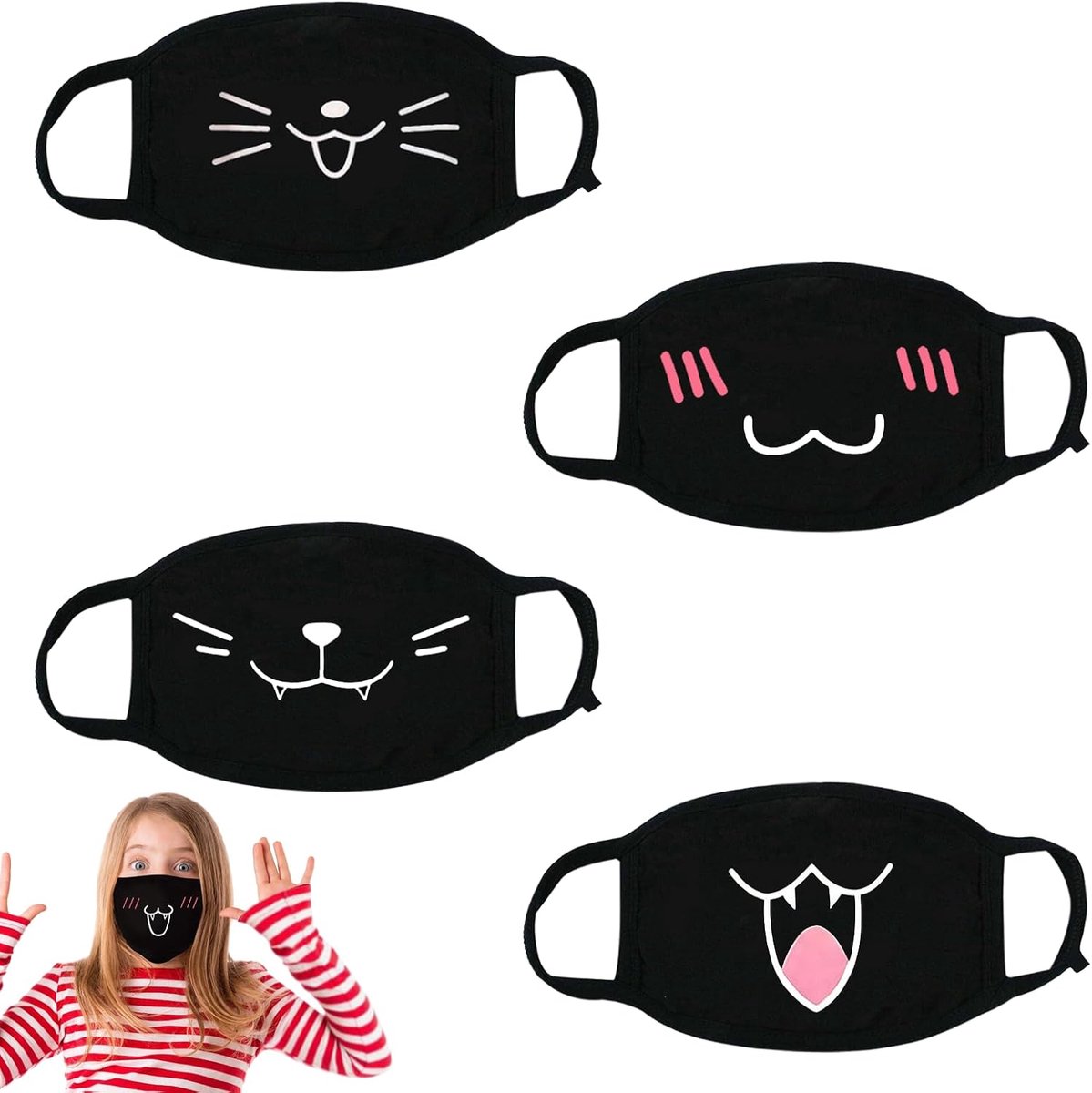 Gezichtsmaskers set van 4 - zwarte cartoonpatronen - mode stofmaskers - schattig en ademend - SnelShoppen
