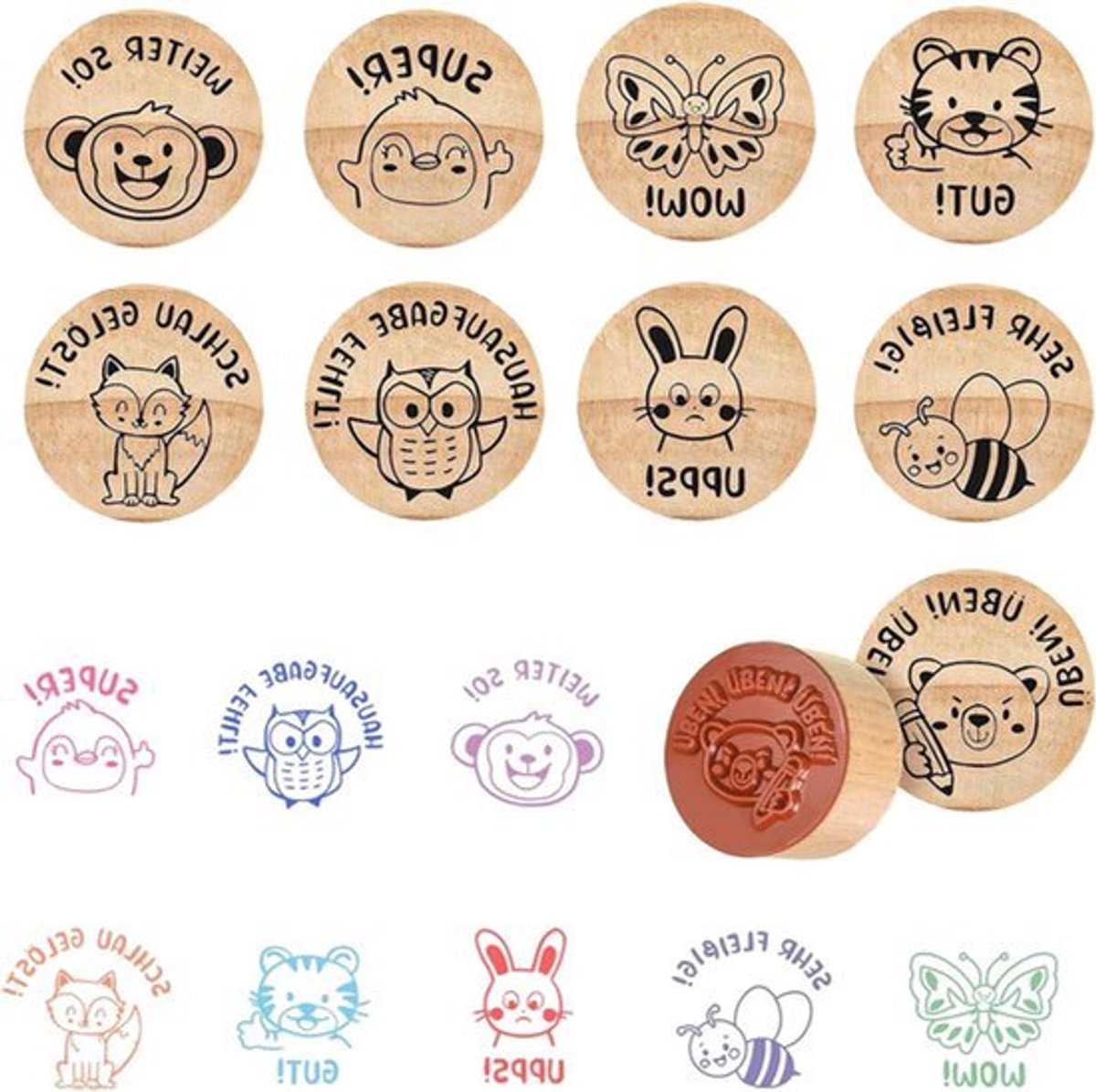Lerarenstempels van hout - Motivatiestempels met diermotieven - Ministempel kinderset - Leerstempel beloningsstempels - Schoolstempel voor leermotivatie