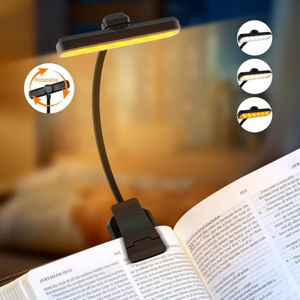 Draagbare leeslamp met 24 oplaadbare LED-lampjes, 3 kleurtemperaturen, 5 helderheidsniveaus, clipbevestiging, geschikt om in bed te lezen, zwart.