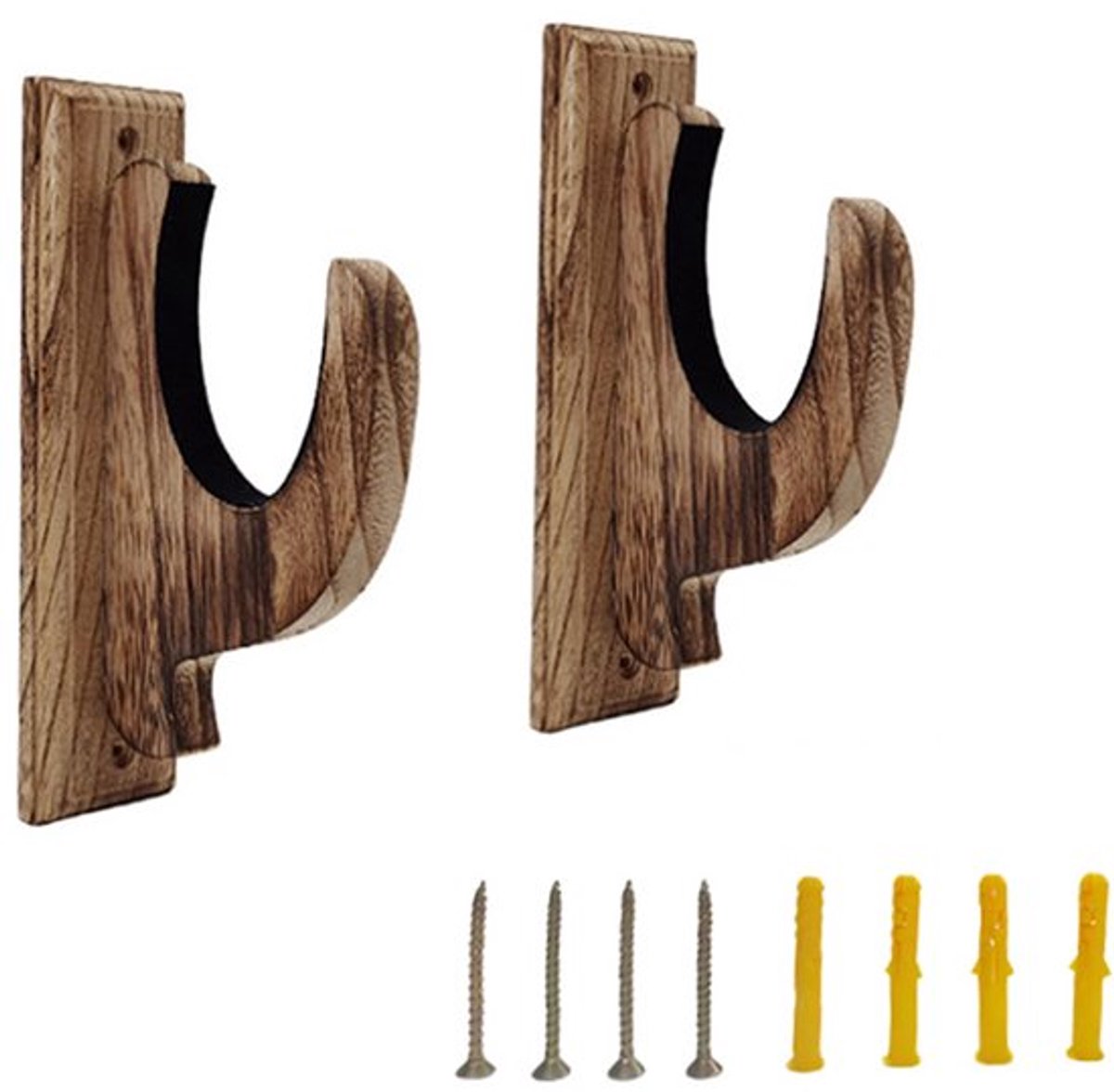 Houten gordijnroedebeugel, houten gordijnroedebevestigingsbeugel, bruine houten steunbeugel, geschikt voor gordijnroede van 2,2 inch, met schroeven (2 stuks)