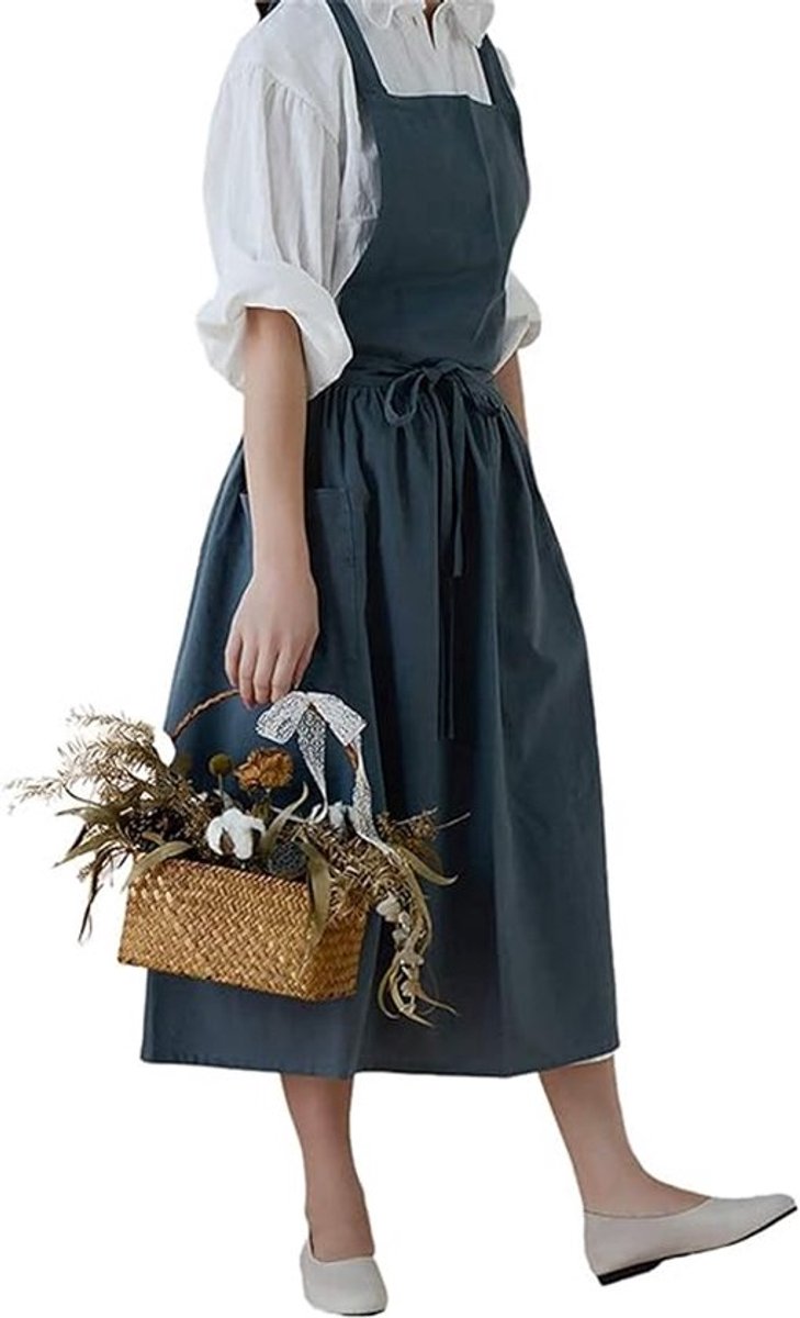 Japanse stijl kruisband schort voor dames, effen kleur, katoenen vintage keukenschort met 2 zakken, geschikt voor chef-koks, tuinieren, bloemist, doek, koffieshop, koken