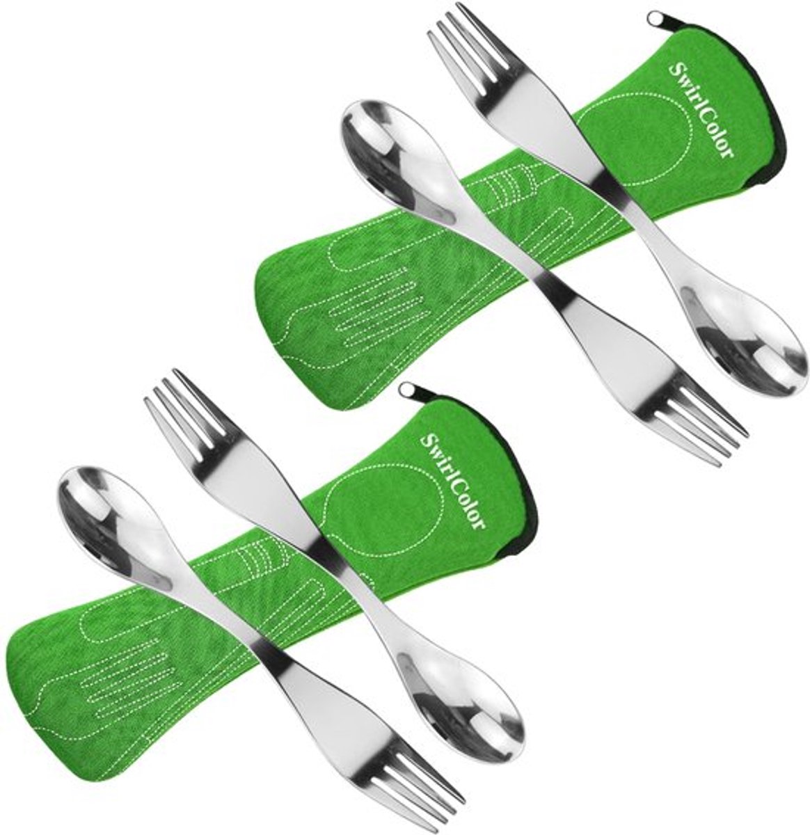 Herbruikbare RVS Sporks, 4 Stuks, Draagbare Lepel, Lepel, Vork, Duurzame Camping Bestekset met Tas voor Reizen, Buiten, Picknick, Groen