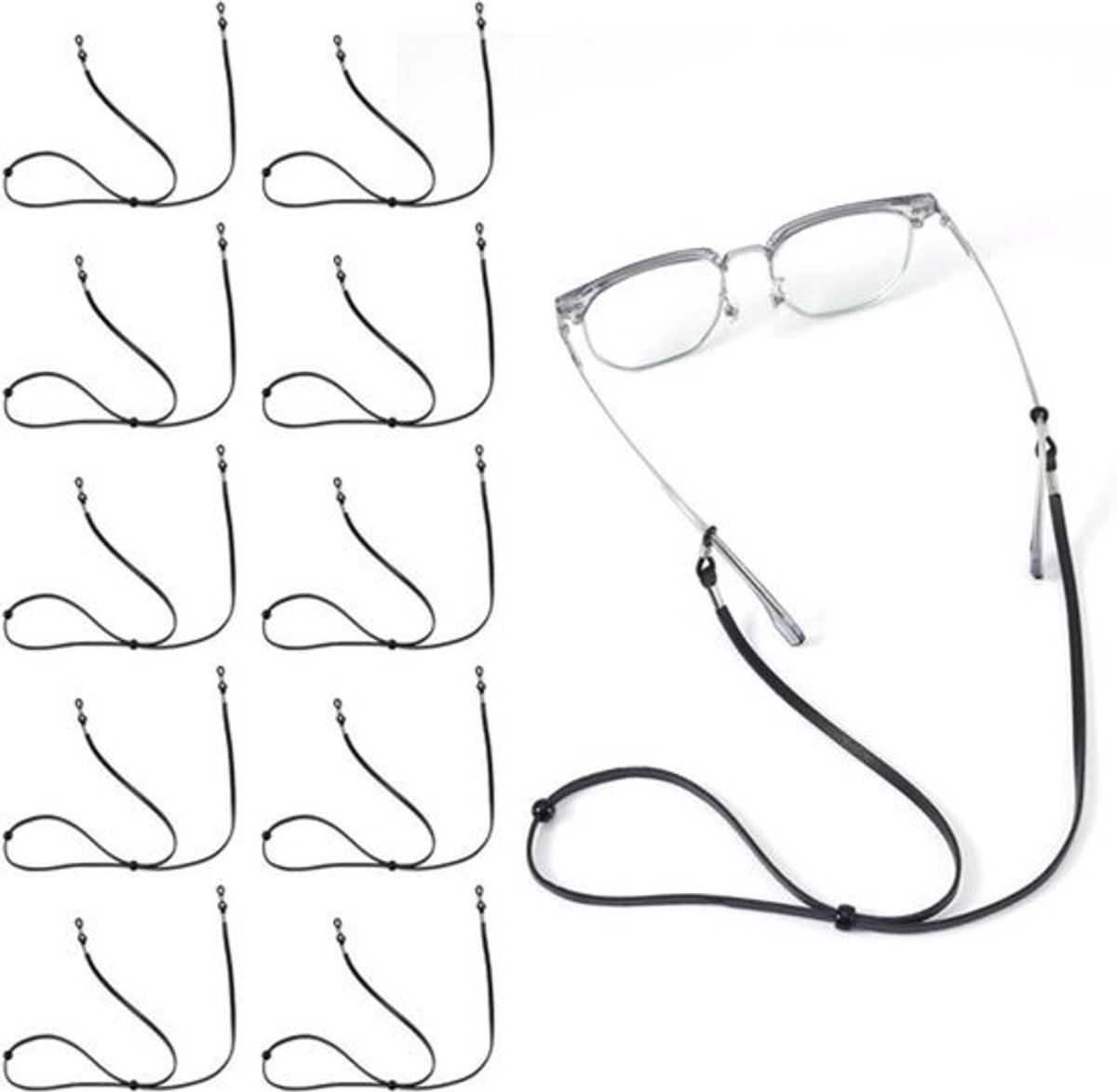 Brillenbandjes - 10 Stuks Verstelbare Brillenhouders Rond de Nek Premium Leren Bevestigingsbandje Universele Brillenhouderketting voor Mannen en Vrouwen (Zwart)