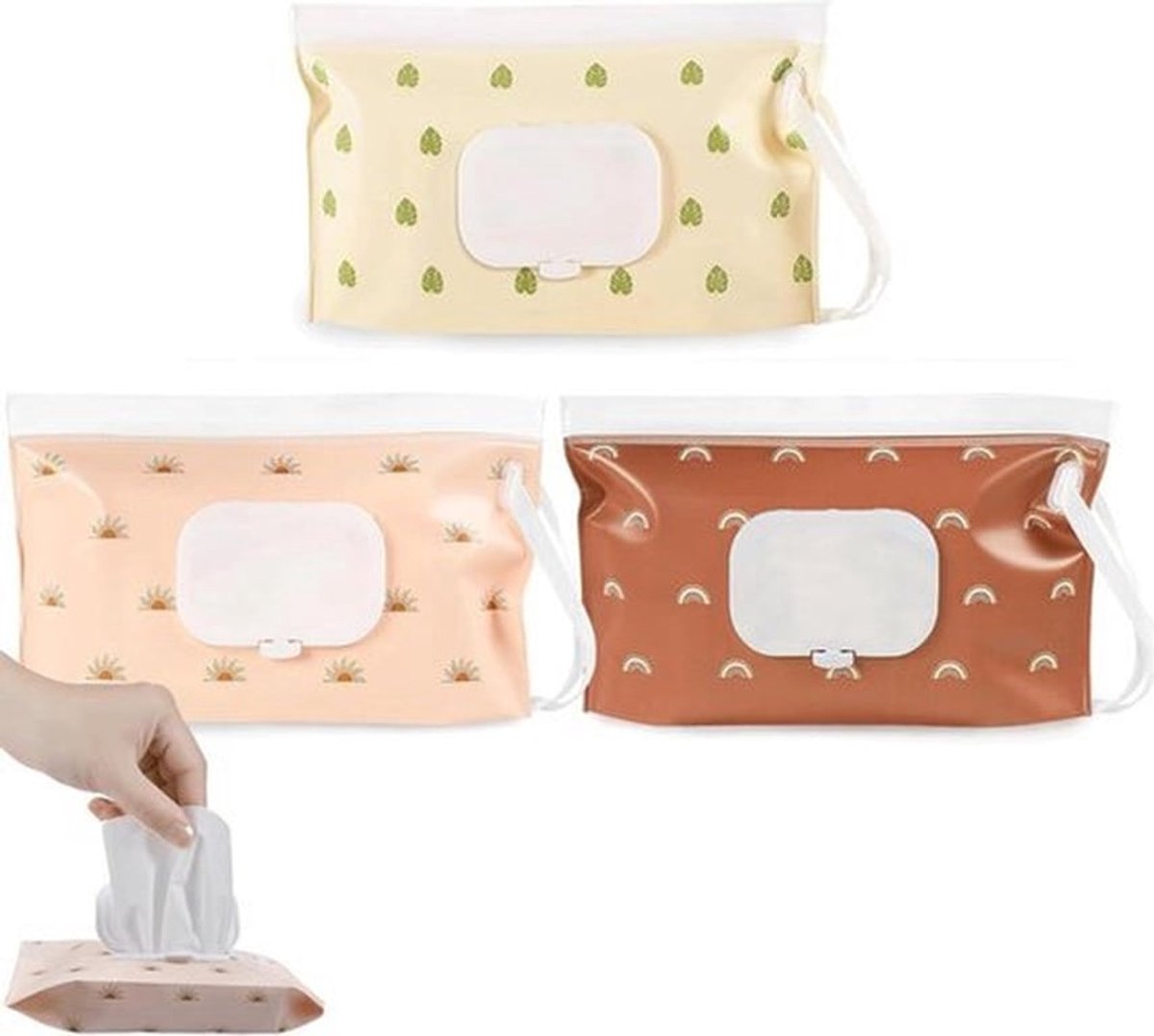 Herbruikbare Doos voor Vochtige Doekjes - Draagbare Natte Doekdispenser - Auto en Onderweg - Set van 3 (Geel, Roze, Bruin)