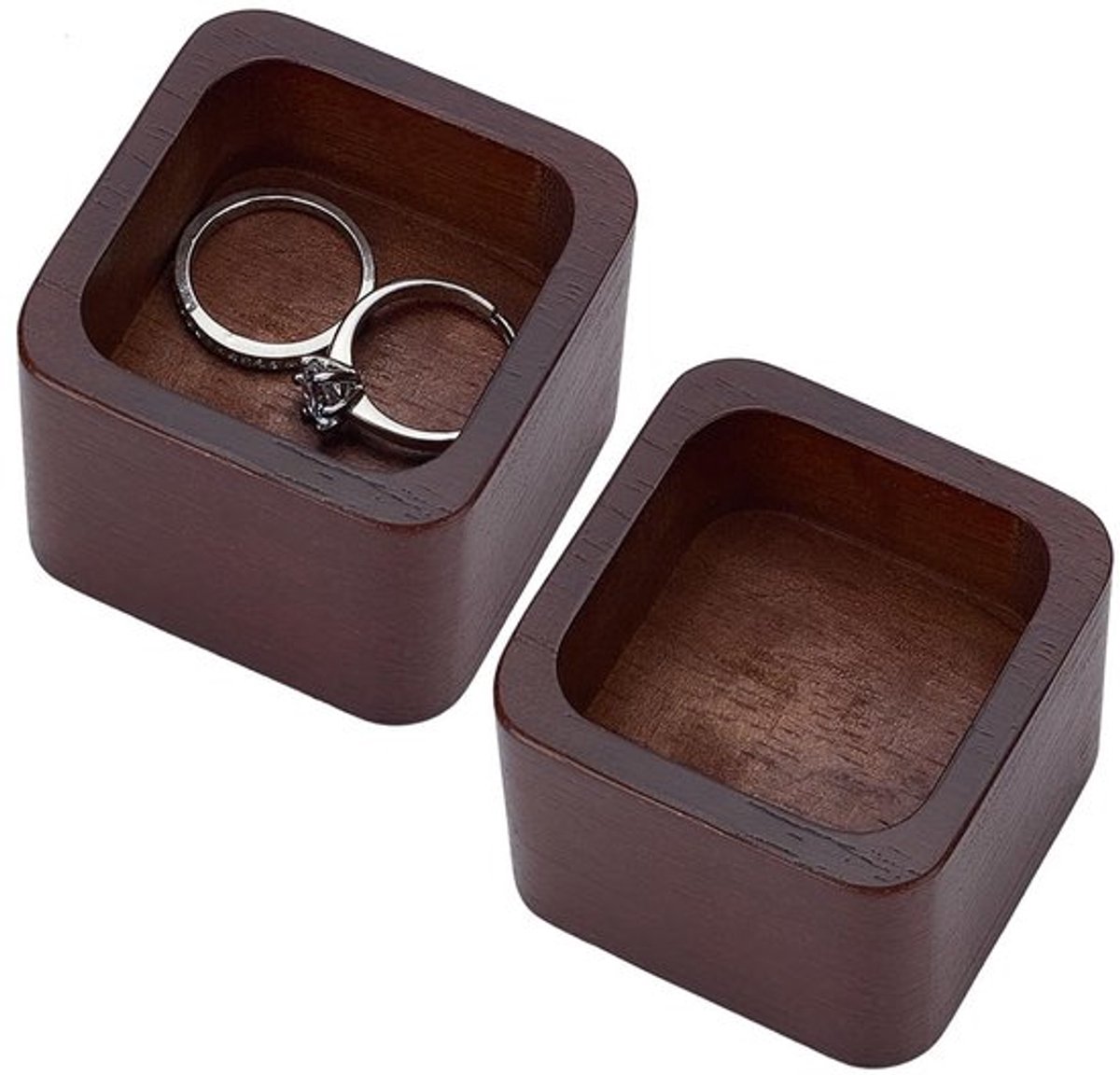 2 stuks vierkante ringdienblad van hardhout, 50 x 49,5 x 39,5 mm, kokosnootbruin, mini hardhout, ringhouder, micro-juwelendoos, schaal, houten ring, vitrine voor sieraden, organizer