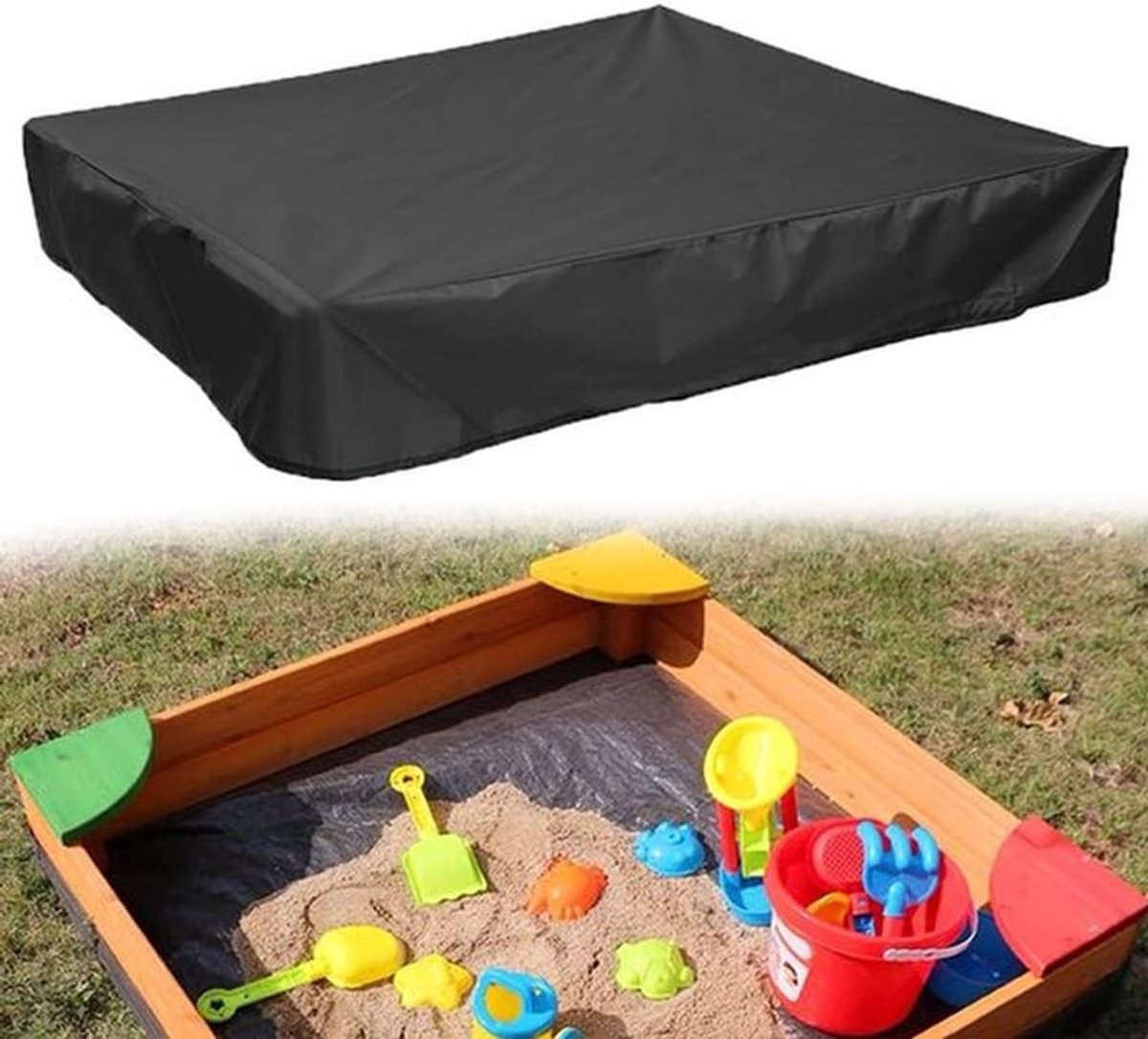 120*120*20 cm - Stofkap - Vierkante zandbakafdekking met trekkoord - Oxford doek zandbakafdekking - waterdichte zandbakafdekking - anti-uv-bescherming - speelgoed uit de buurt van stof en regen - voor zandbakspeelgoed, zwembad en meubels - zwart
