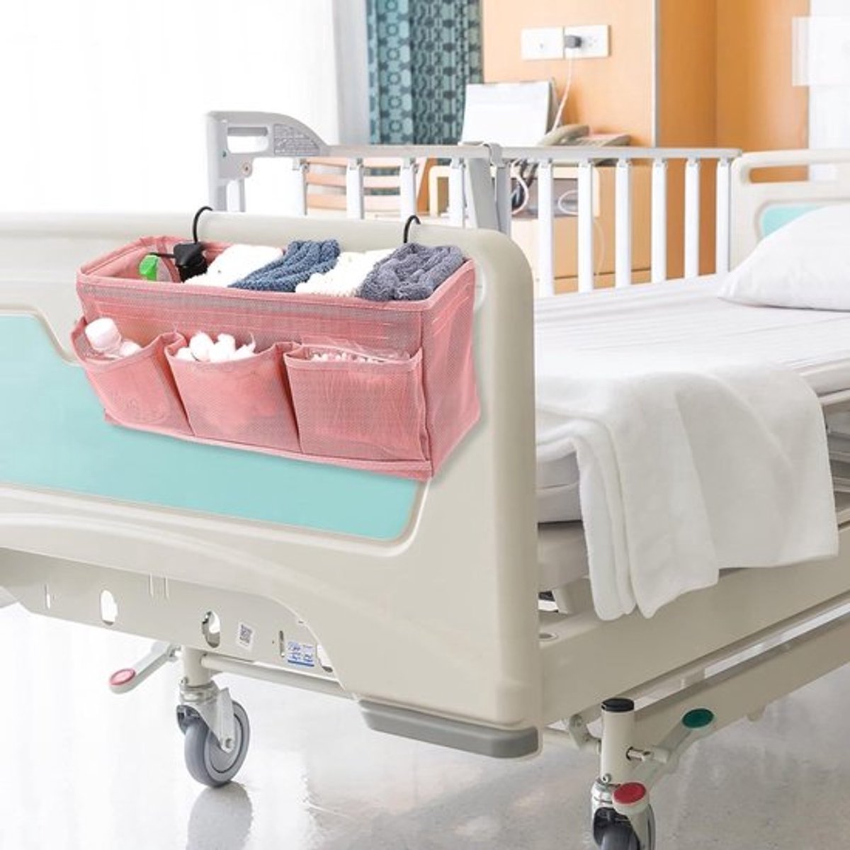 Mesh-achtige hangende opbergzakken bij het bed, mandjes, bedorganizer, multifunctionele hangende opbergzak, voor thuis, kantoor, school, slaapzaal, ziekenhuis, roze