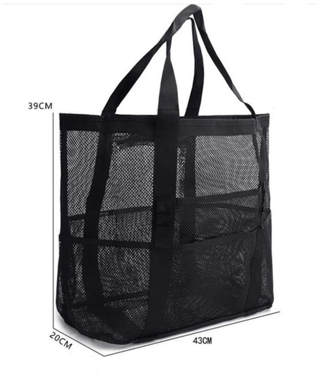 1 stuk - Grote Mesh Strandtas - Strandtas met enkele schouder - Meerdere Vakken – multifunctionele mesh outdoor opbergtas - zandspeelgoed levensmiddelen opbergnettas - Lichtgewicht & Sneldrogend – Ideaal voor Strand, Zwembad en Vakantie - Zwart