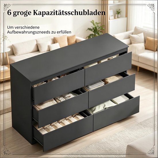 OKWISH Ladekast - 6 Greeploze Lades - Voor Slaapkamer, Woonkamer En Hal - Zwart Bewerkt Hout - Met Kantelbeveiliging - 120 Cm Breed — afbeelding 3