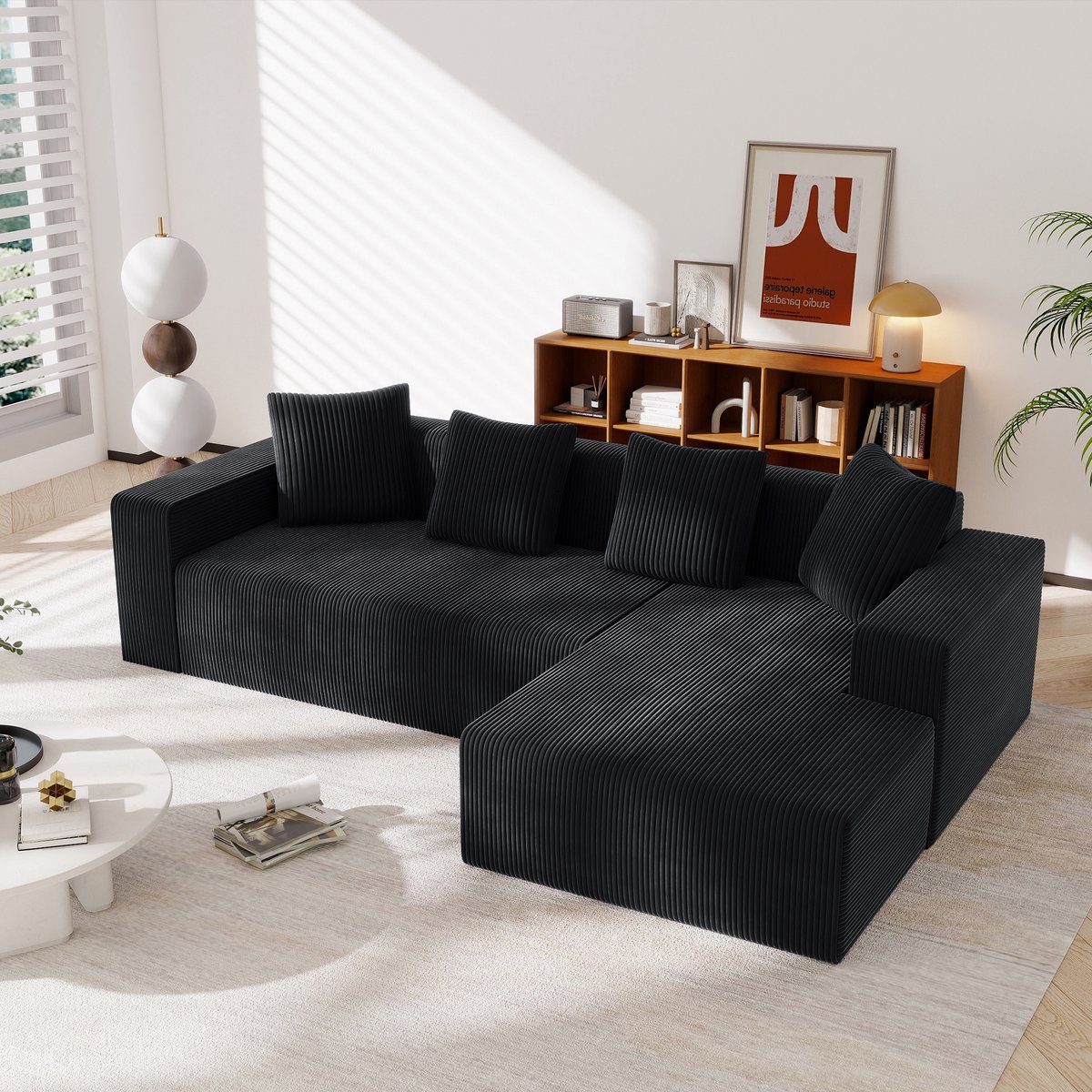 MEUNIQ L-vormige hoekbank 261 x 146 x 65 cm, modulaire 3-zits bank met chaise longue, brede armleuningen en 4 kussens, zwart corduroy-look voor woonkamer