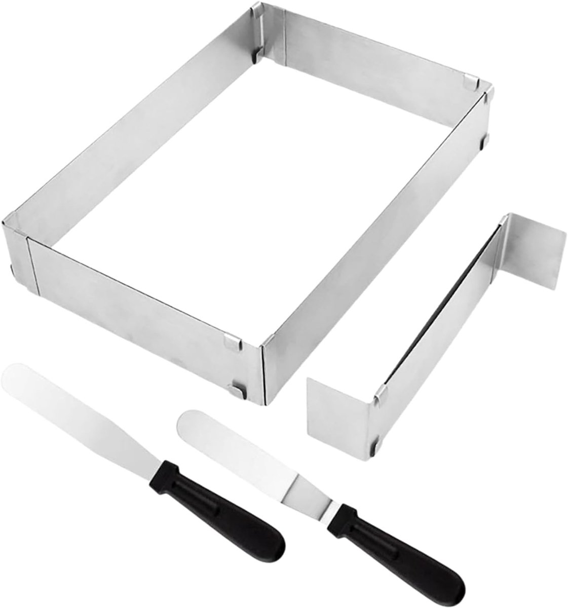 SnelShoppen - Verstelbaar bakframe rechthoekig van roestvrij staal, 5 cm hoog, met 2 spatel, ideaal voor het bakken van taarten en pizza's
