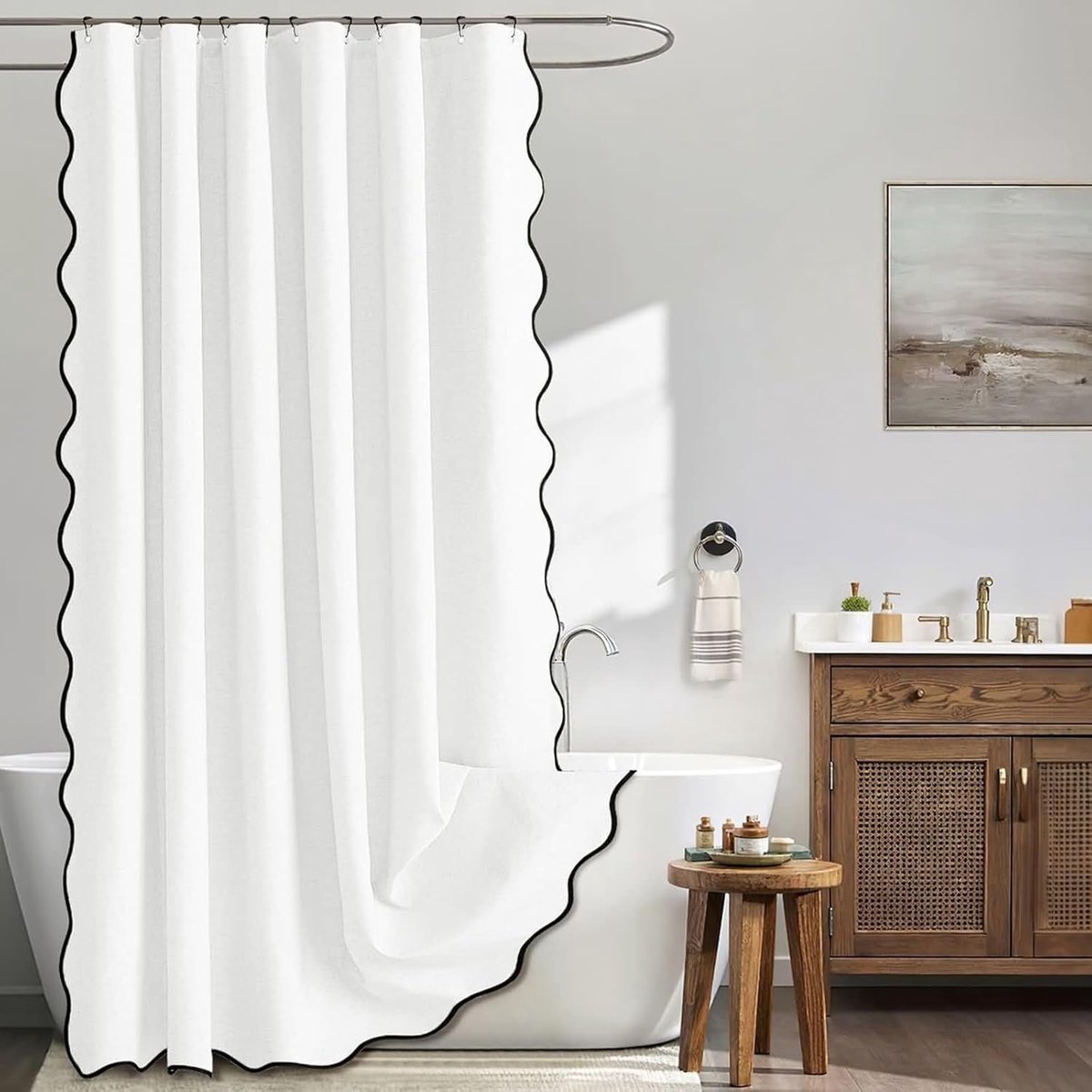 Shower Curtain 180 x 200 cm Mildew Resistant Waterproof Plain White with Black Wave Bath Curtain with 12 Shower - ShopVlot