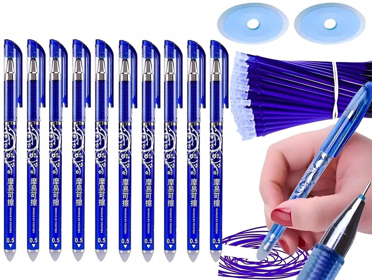 12 Uitwisbare Pennen + 20 Vullingen + 2 Gummen - Blauwe Inkt
