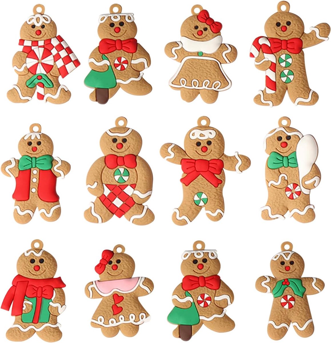 Gingerbread kerstversiering 12 stuks - PVC zachte kunststof - schattige mannetjes en bomen - ShopVlot