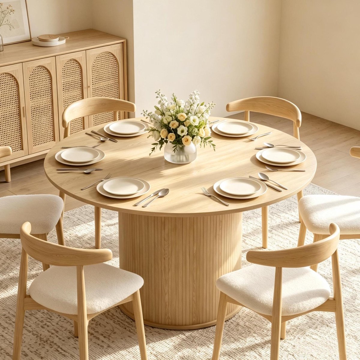 OKWISH Eettafel – Rond 120 Cm – Voor 4 Tot 6 Personen – Cilindrische Geribde Voet – MDF En Spaanplaat Naturel – 120 x 75 Cm Natural