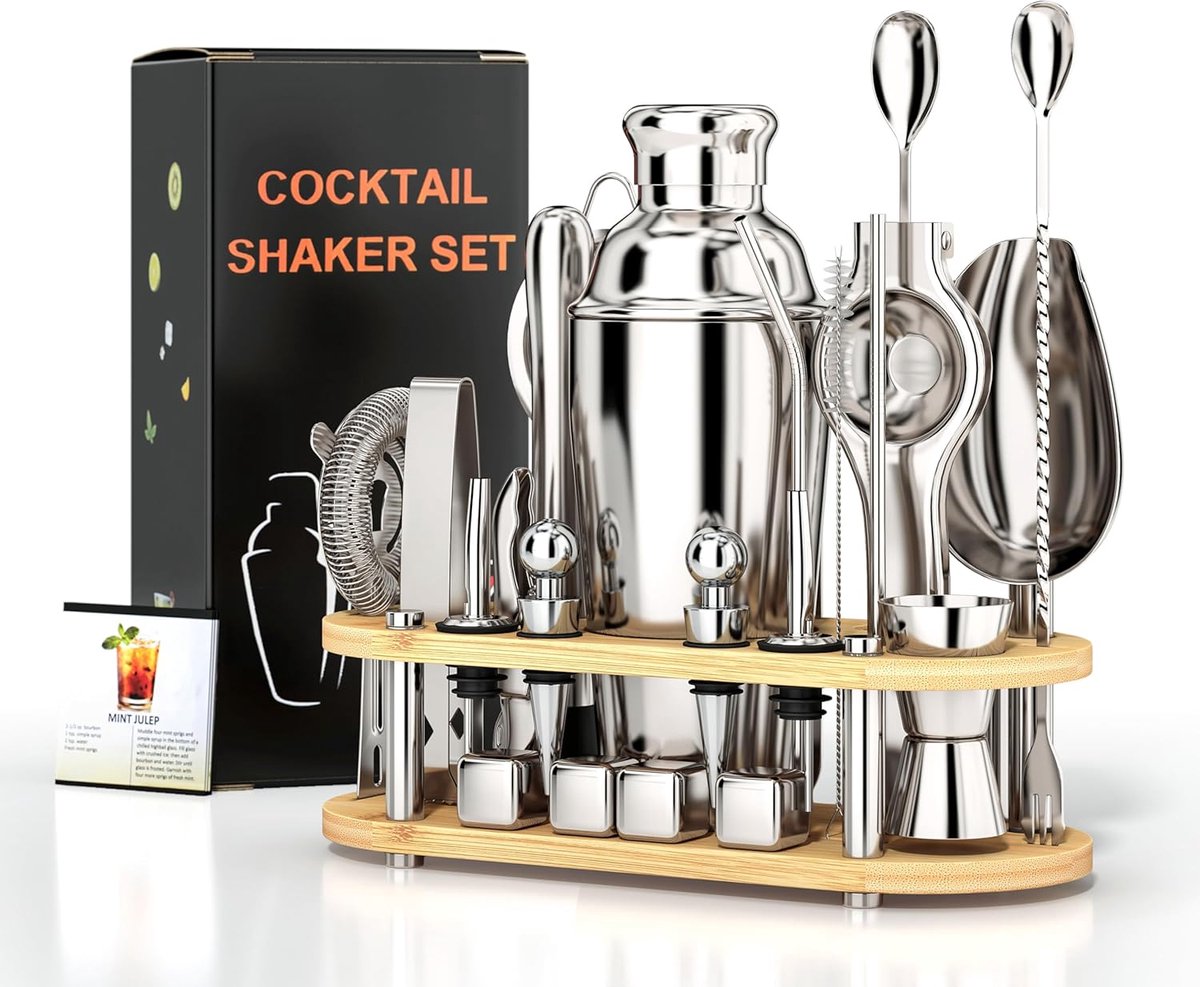 Cocktailshaker set 25-delig - roestvrij staal - met houten standaard - professionele bar tool voor thuisgebruik - ShopVlot