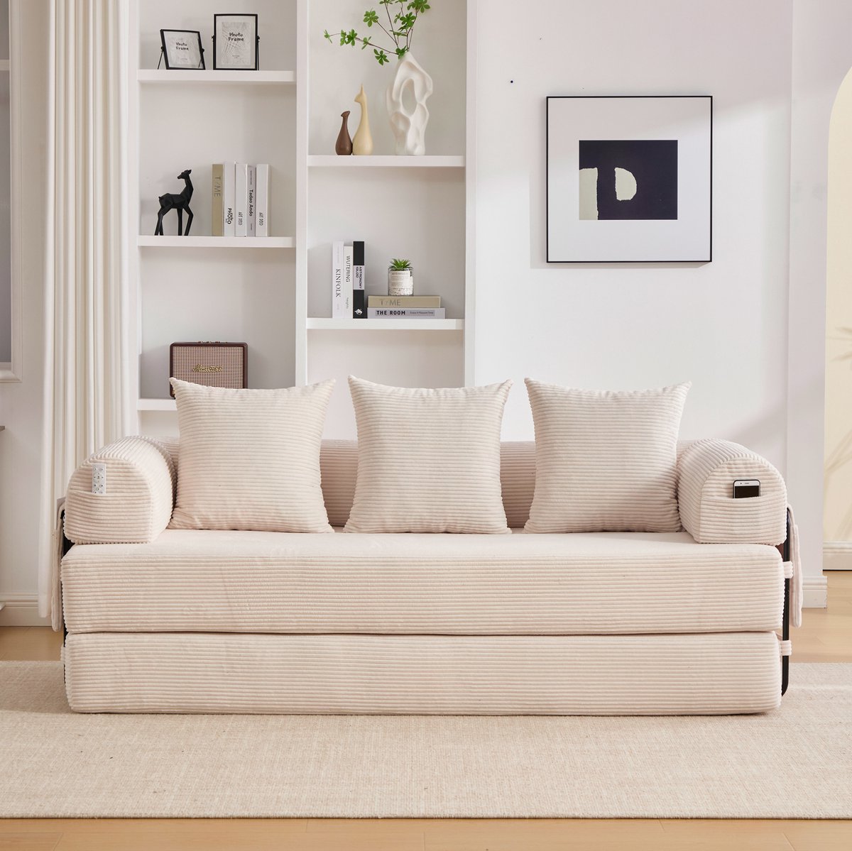 OKWISH Slaapbank 3-Zits - Modulair Uitklapbaar Met 3 Kussens En Opbergvak - Voor Woonkamer En Kleine Ruimtes - Corduroy - Beige