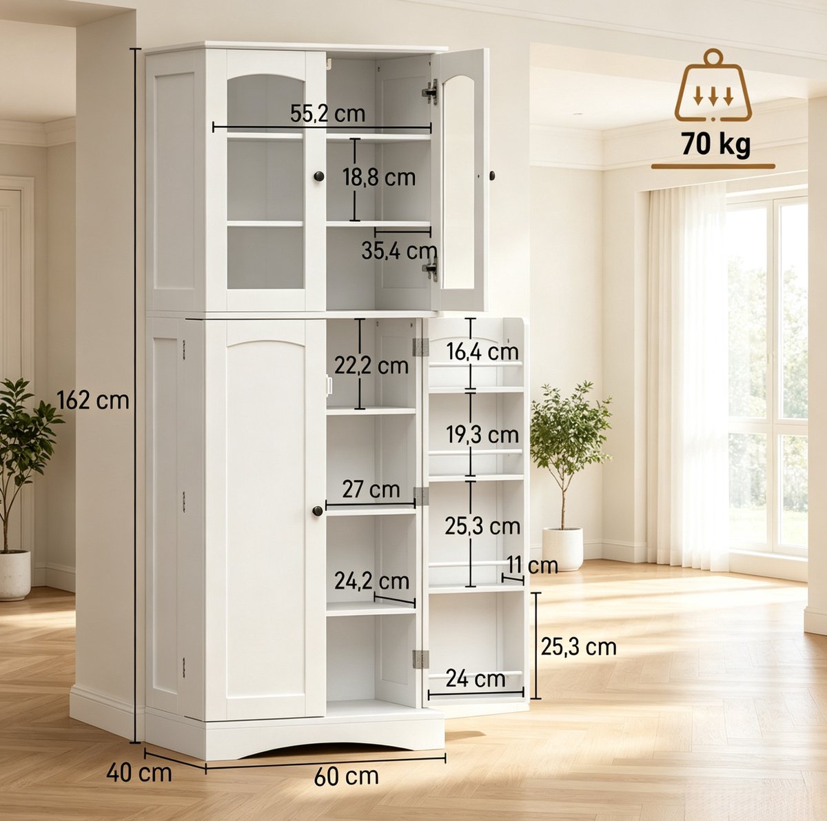 OKWISH Keukenkast - Hoge Opbergkast - 60 x 40 x 162 cm - Verstelbare Planken en Soft-Close - Wit MDF met Acryl Deuren