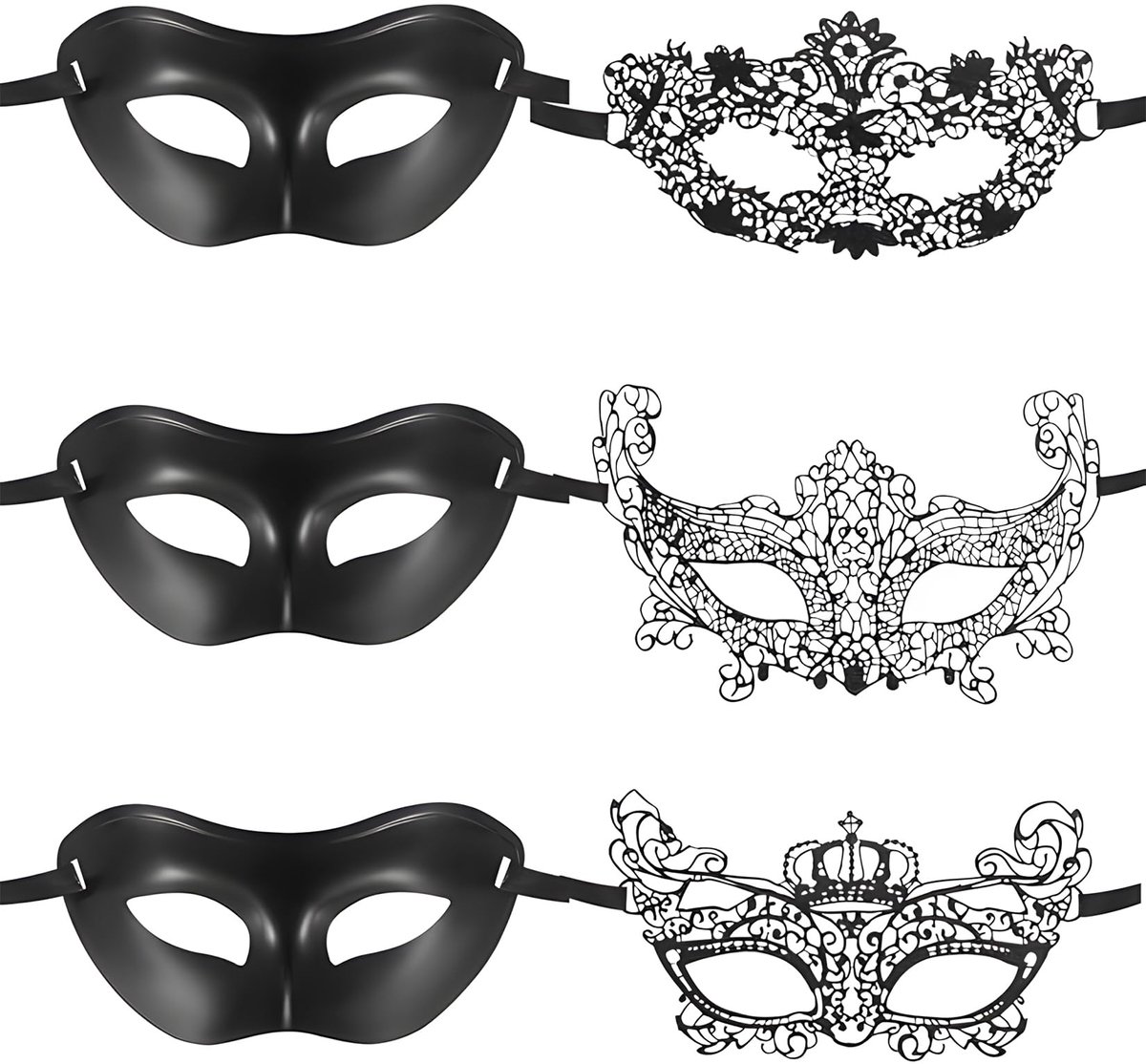 Maskerade Maskers 6 Stk. - Zwarte Venetiaanse Oogmaskers - Voor Vrouwen en Mannen - Perfect voor Feestjes - ShopVlot