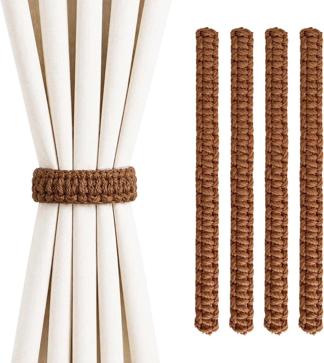 Gordijnophouder 4-stuks - Karamelbruin linnen - Flexibele Boho-stijl - Perfect voor raamdecoratie - SnelShoppen