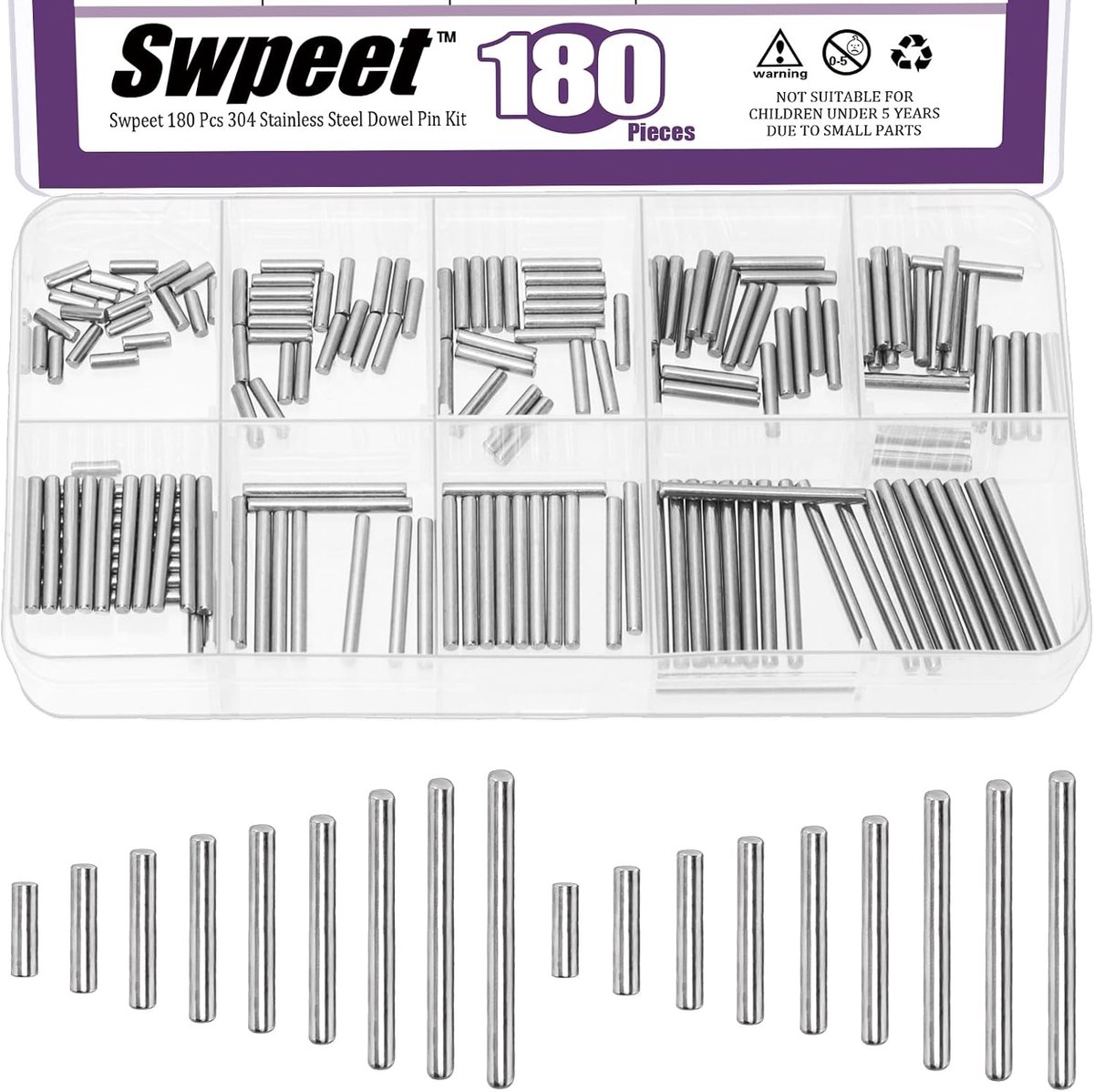 Dowel pin assortiment 180pcs M2 - 304 roestvrij staal - met opslagdoos - ideaal voor meubelmontage - SnelShoppen
