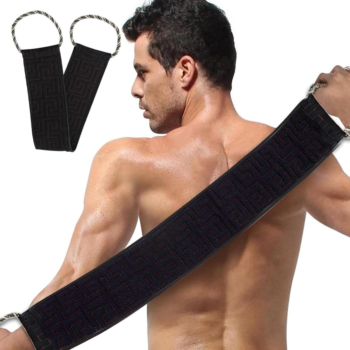 Exfoliërende douchehanddoek 85 x 10 cm - zwart - met handvatten - verwijdert dode huidcellen - SnelShoppen