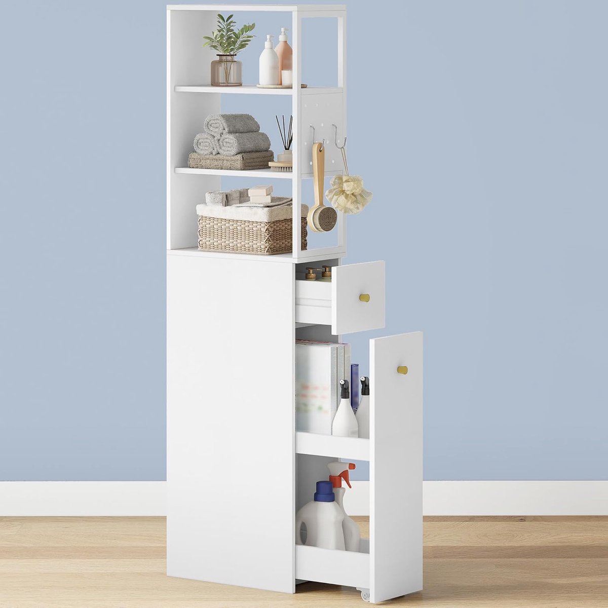 Badkamerkast smal 40 x 20 x 140 cm - witte staande kast - 3 open planken - ideaal voor extra opbergruimte - ShopVlot