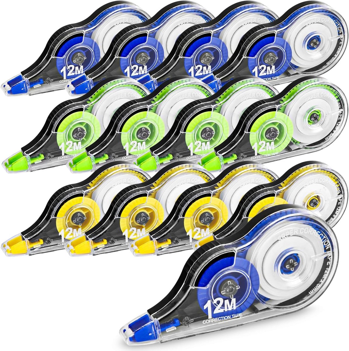 Correctietape 12 m x 5 mm - 12-pack in 3 Kleuren - Inclusief Beschermkap - Ideaal voor School en Kantoor - ShopVlot
