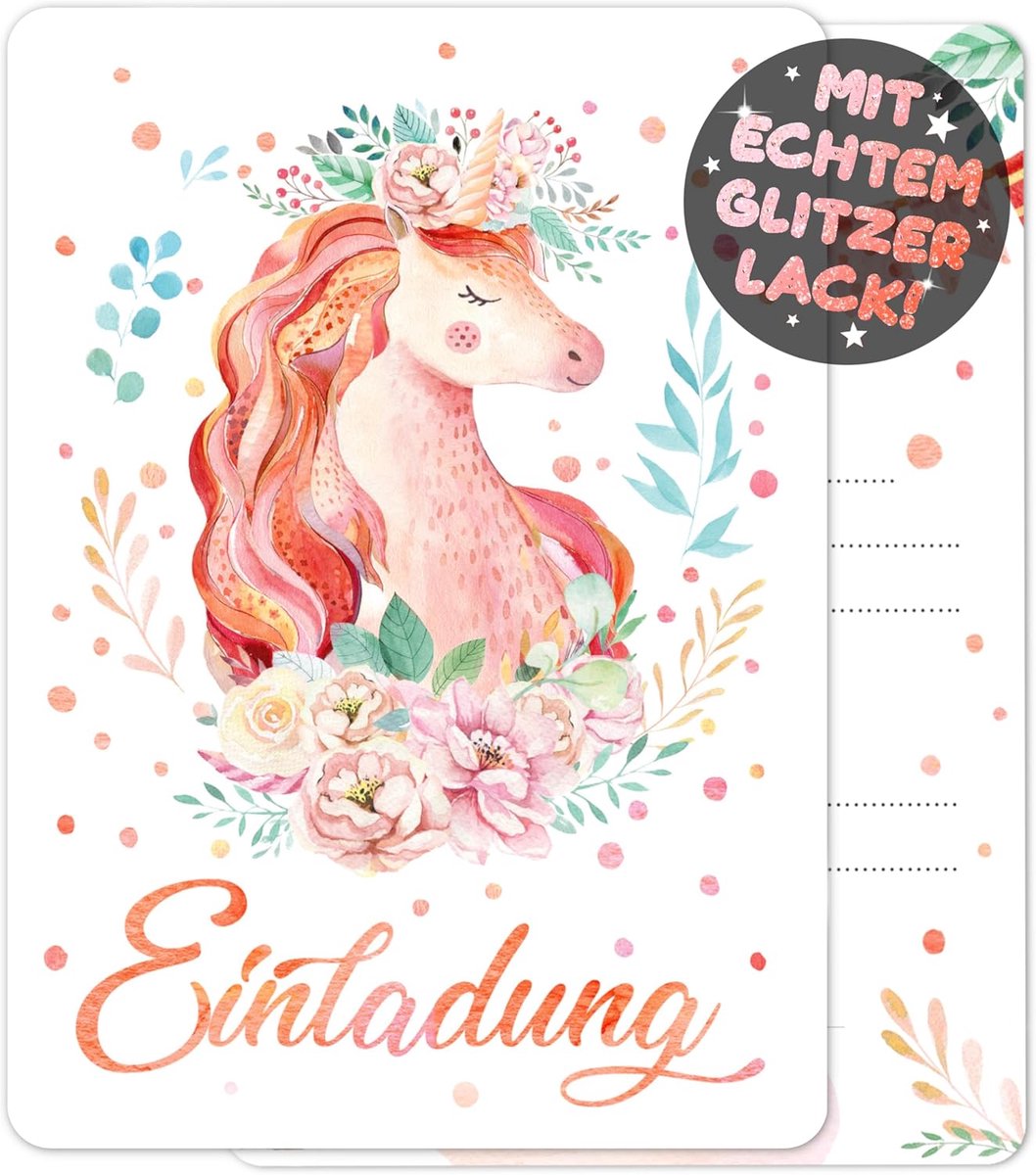 Uitnodigingskaarten glitter 12 stuks - kleurrijke eenhoorn aquarel - voor kinderfeestjes - ShopVlot