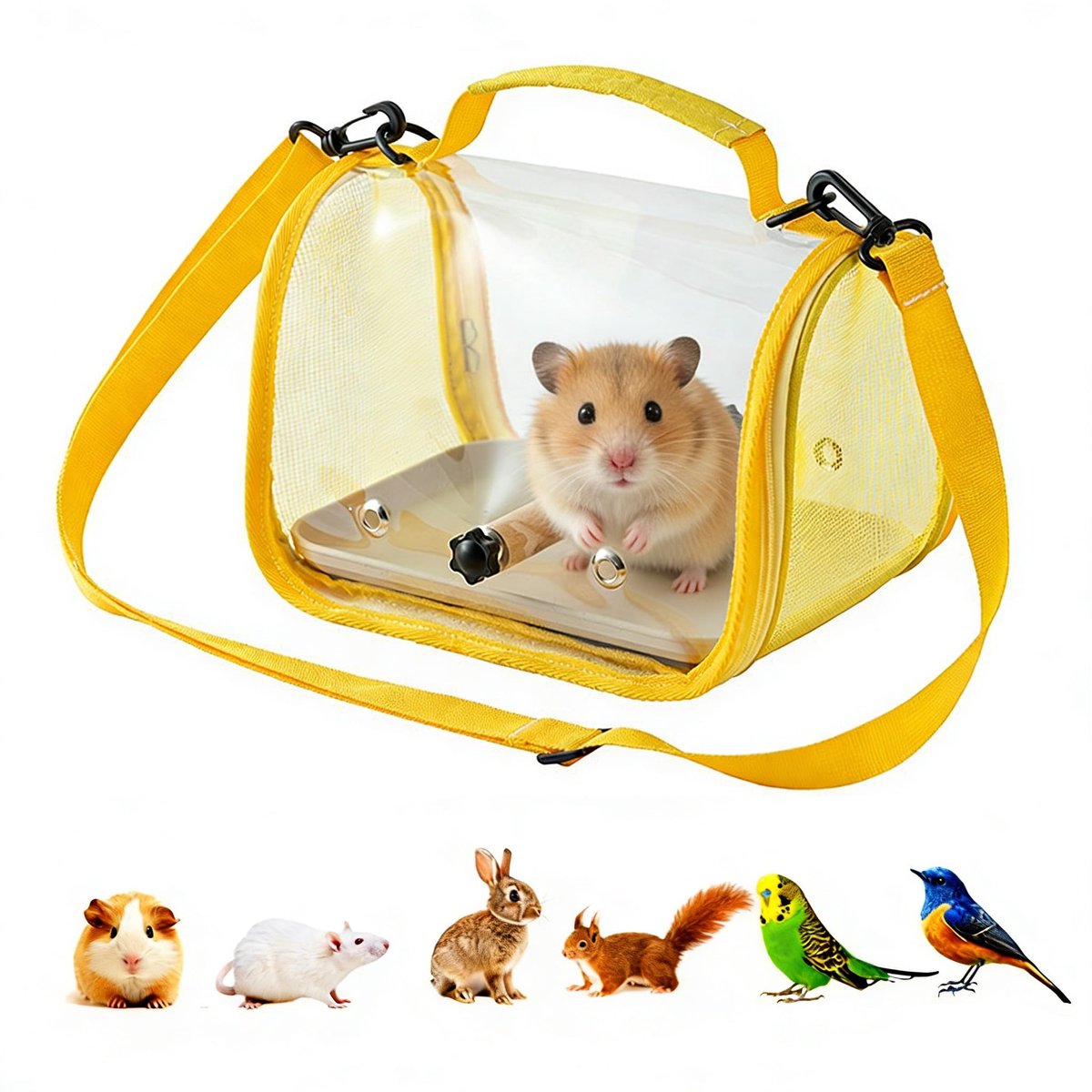 Dierenreistas - transparant gaas ademend tas met zitstok bodembak voor papegaaien hamsters konijnen vogels geel draagbaar ontwerp