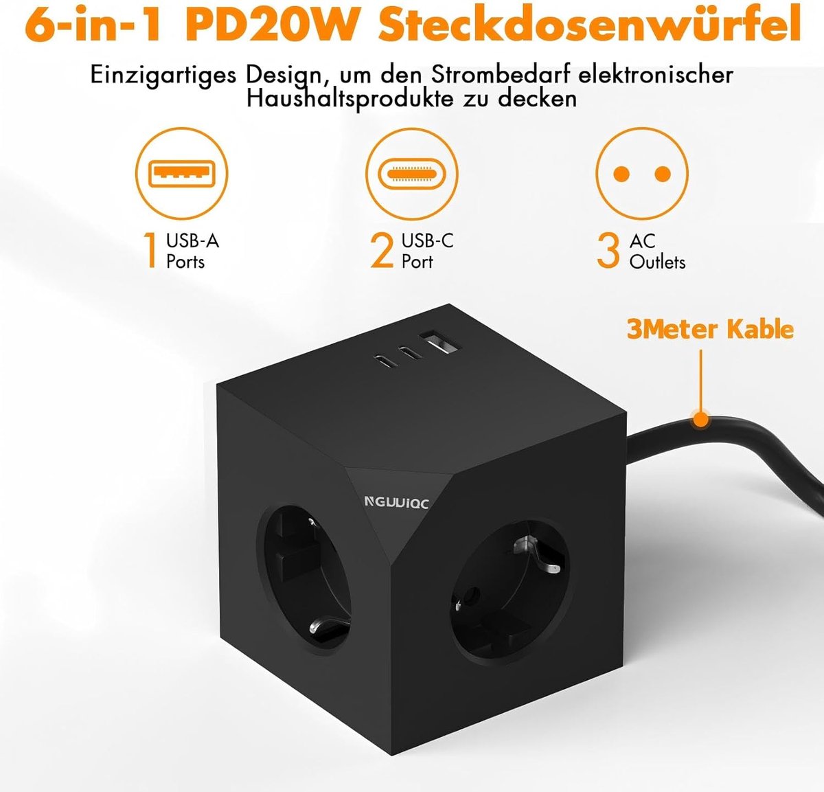 Meerdere stopcontacten - 6-in-1 met 2 USB-C poorten - 3 meter kabel - ideaal voor thuis en kantoor - SnelShoppen