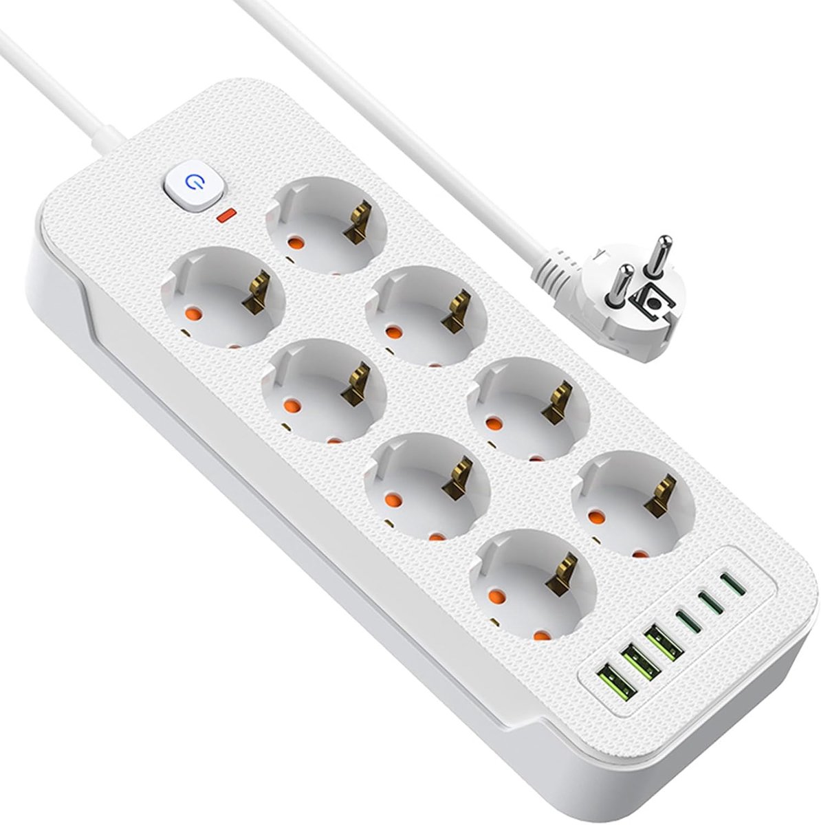 Verlengsnoer met Schakelaar - 8-voudig en 2M Kabel - 3 USB/3 Type-C Poorten - Ideaal voor Thuis en Kantoor - SnelShoppen