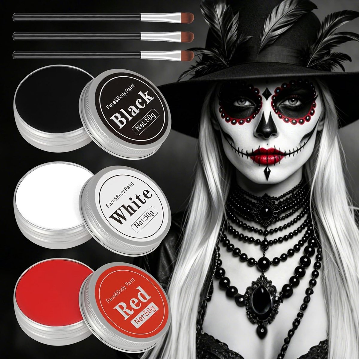 Tattoo verf zwart wit rood - 150 gram - met 3 kwasten - voor kinderen en volwassenen - ShopVlot