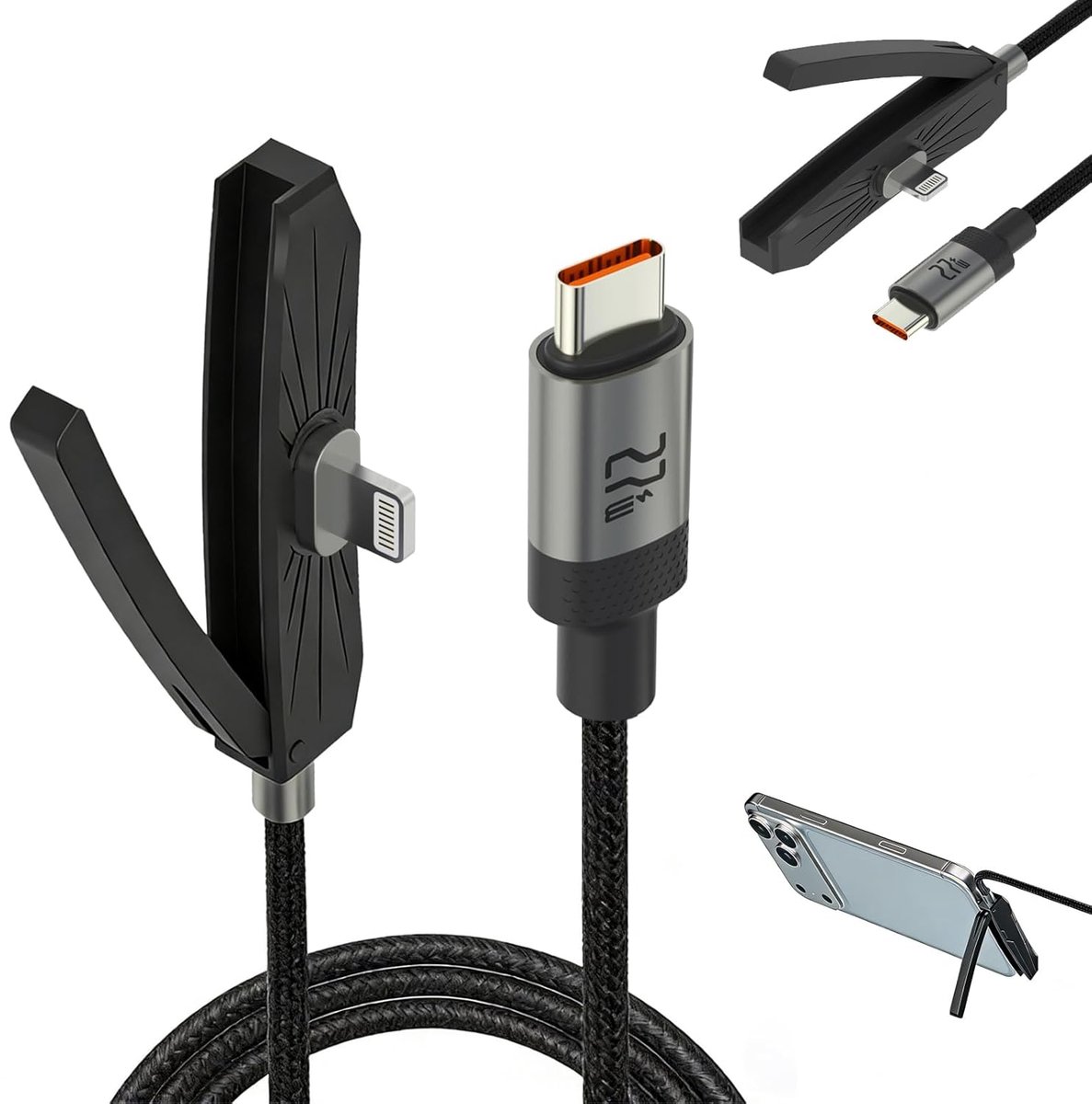 Oplaadkabel 2 meter - 2-in-1 met houder - 240W snel opladen - ideaal voor gaming en reizen - ShopVlot