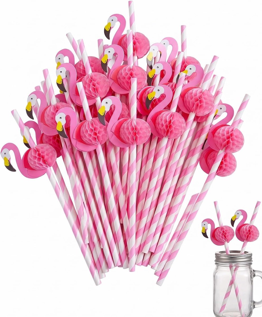 Papieren rietjes 50 stuks - Hawaiiaanse flamingo - biologisch afbreekbaar - ideaal voor feestdecoratie - ShopVlot